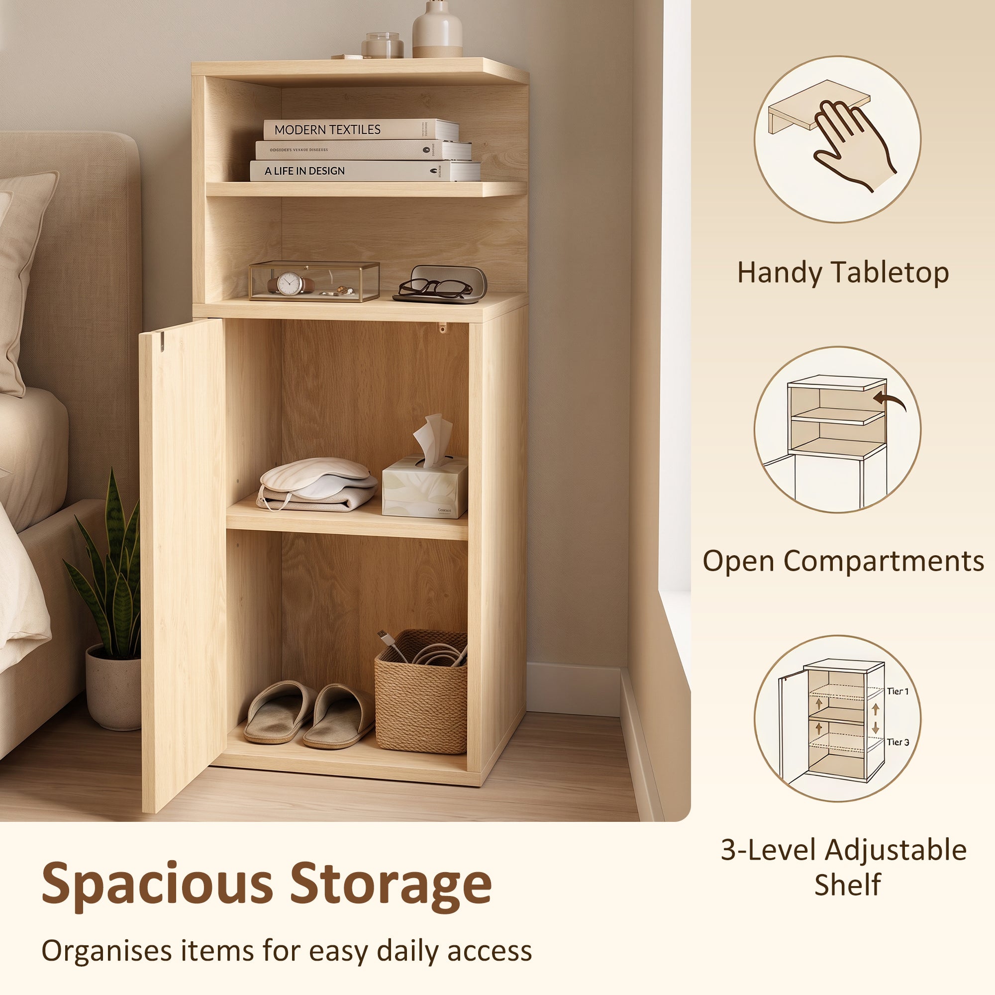 Slim Bedside Table Set of 2, Narrow Bedside Cabinet with Open Cubbies and Cupboard, Side End Table for Bedroom Living Room Compact Nooks, 30 x 25 x 60 cm, Oak