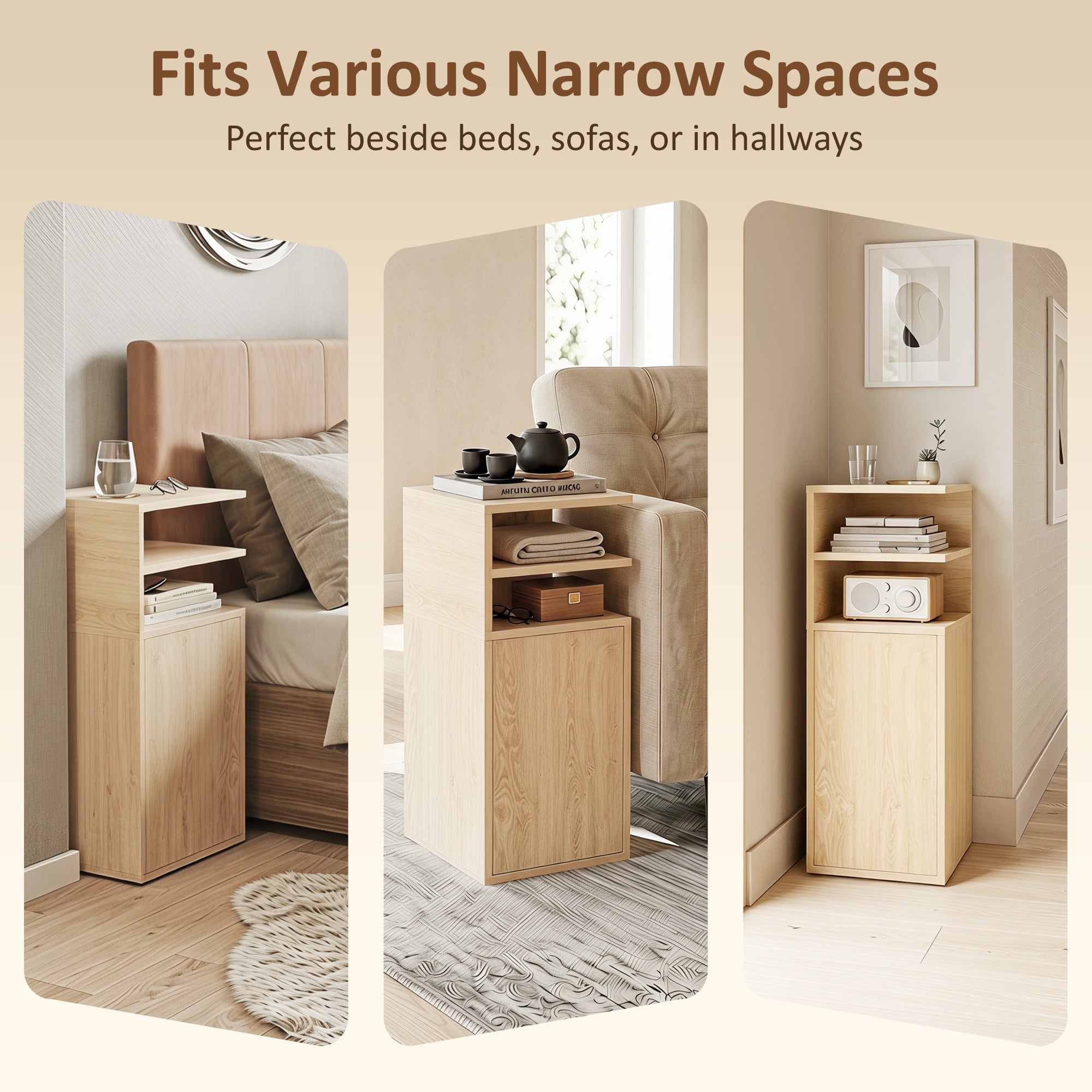 Slim Bedside Table Set of 2, Narrow Bedside Cabinet with Open Cubbies and Cupboard, Side End Table for Bedroom Living Room Compact Nooks, 30 x 25 x 60 cm, Oak