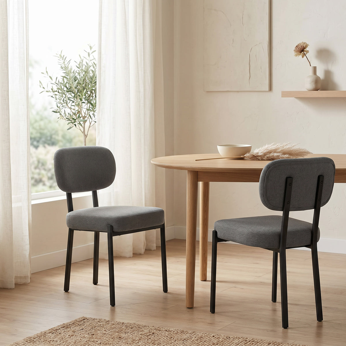 Modern Dining Chairs Set of 2, Upholstered Linen Fabric Kitchen Chairs with Metal Legs and Wide Padded Seat for Kitchen, Living Room, Grey