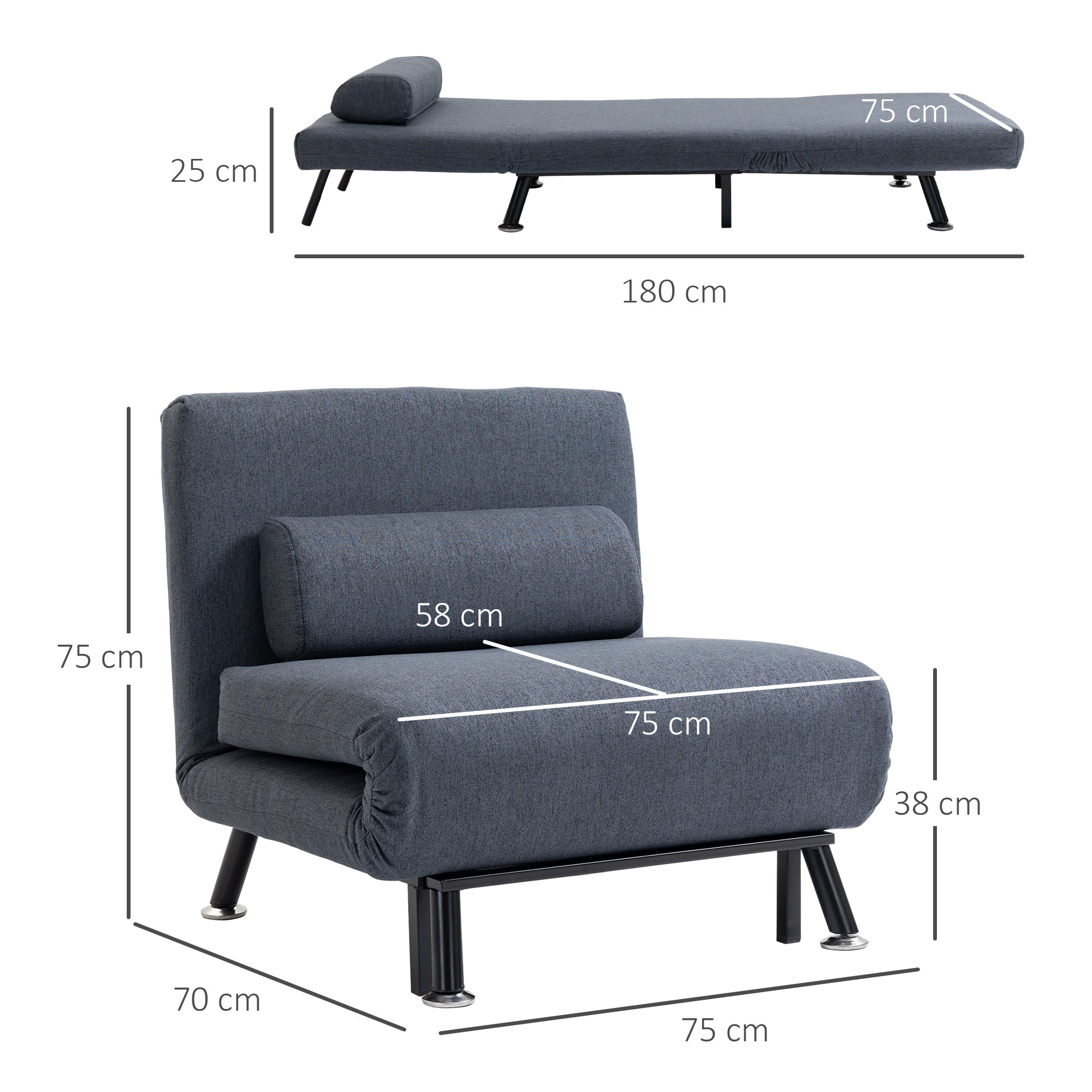 HOMCOM Linen Single Chair Bed, 3-in-1 Convertible Sleeper Chair with Adjustable Backrest, Pillow, for Living Room, Bedroom, Black