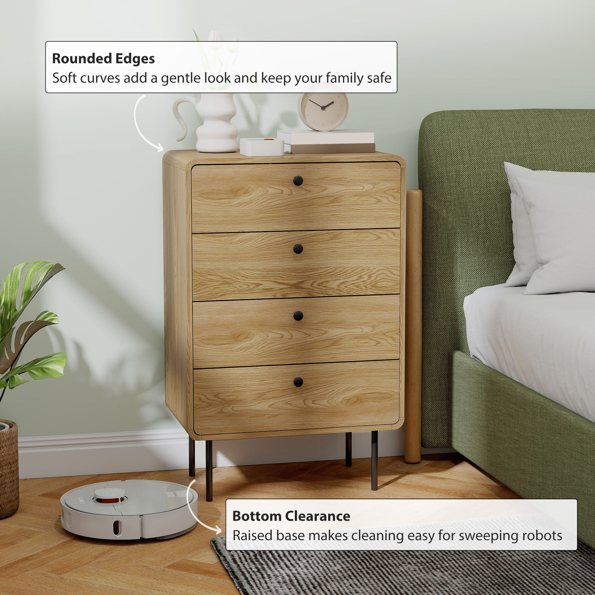 Modern Chest of Drawers with 4 Drawers, Dresser with Wood Handles and Steel Legs for Bedroom, Living Room, Entryway, Oak