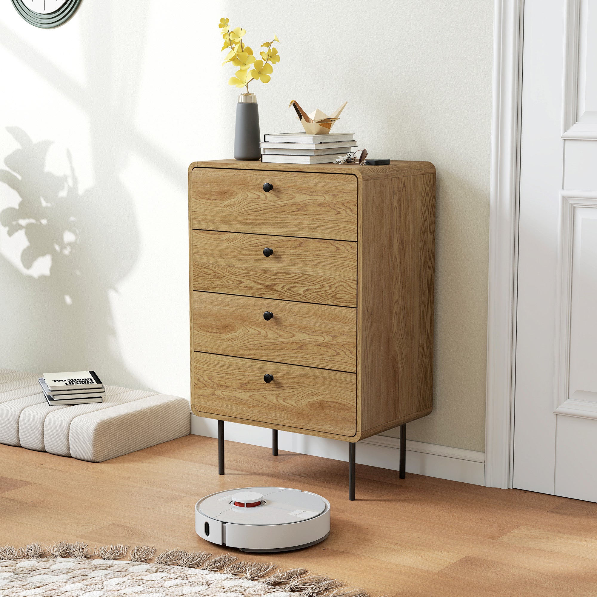 Modern Chest of Drawers with 4 Drawers, Dresser with Wood Handles and Steel Legs for Bedroom, Living Room, Entryway, Oak