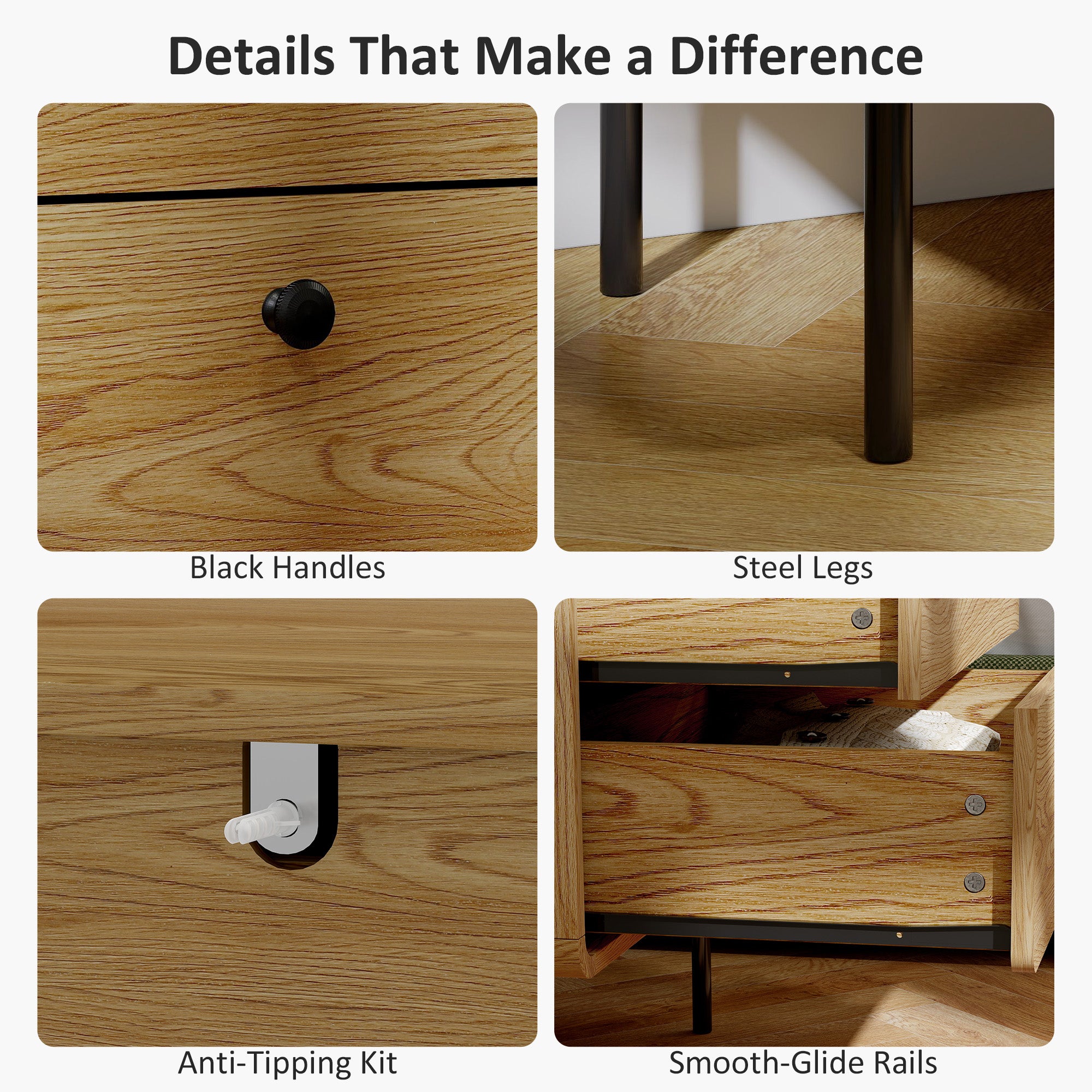 Modern Chest of Drawers with 4 Drawers, Dresser with Wood Handles and Steel Legs for Bedroom, Living Room, Entryway, Oak