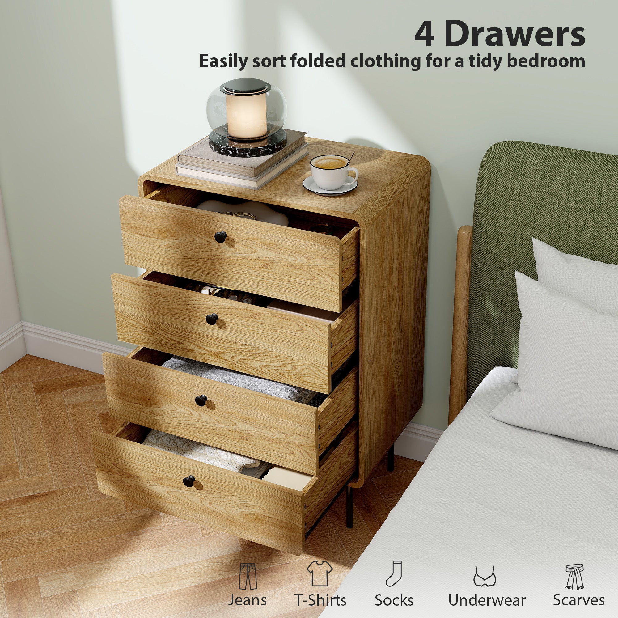 Modern Chest of Drawers with 4 Drawers, Dresser with Wood Handles and Steel Legs for Bedroom, Living Room, Entryway, Oak