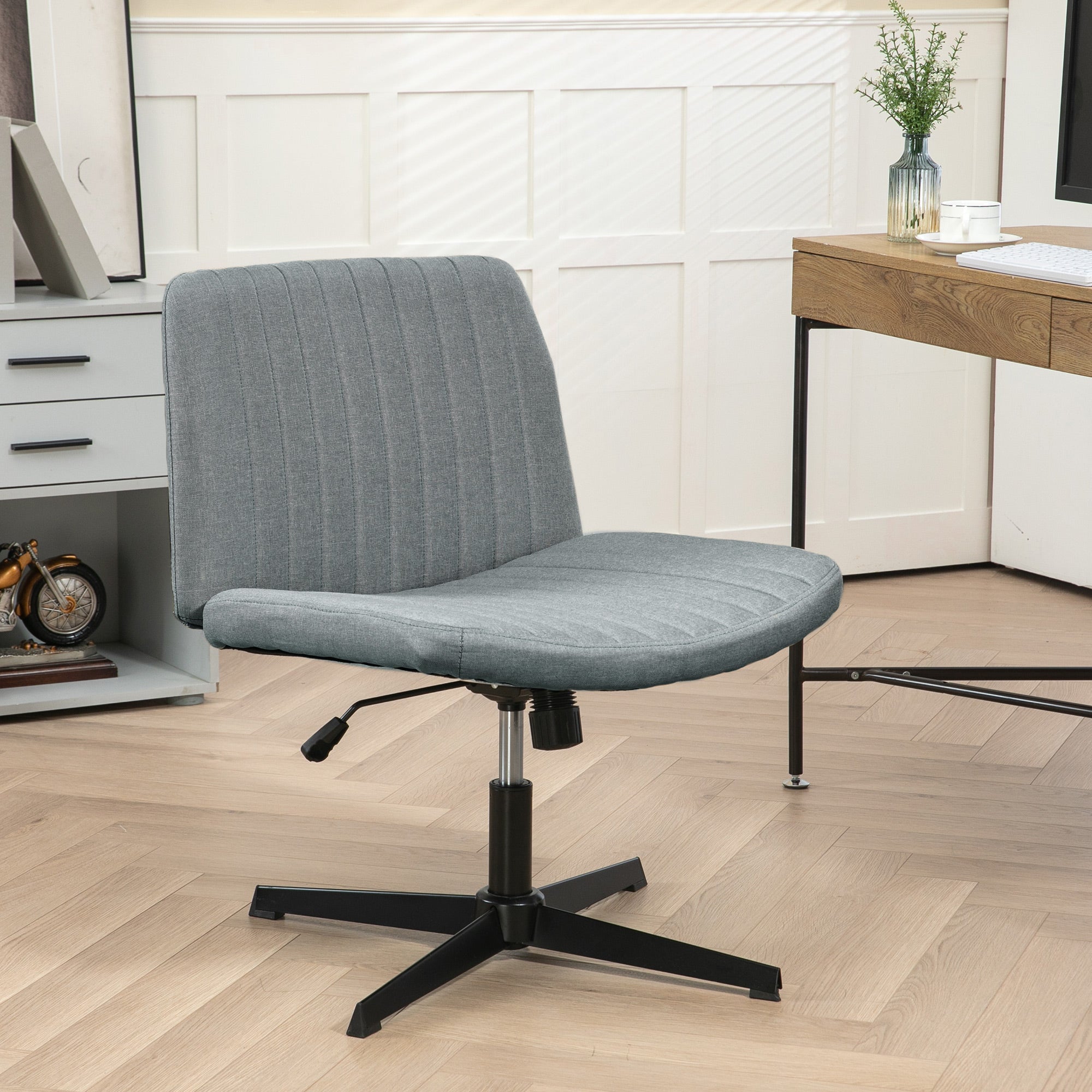 Wide Armless Office Chair, Fabric Computer Desk Chair, Task Vanity Chair with Adjustable Height, Gray