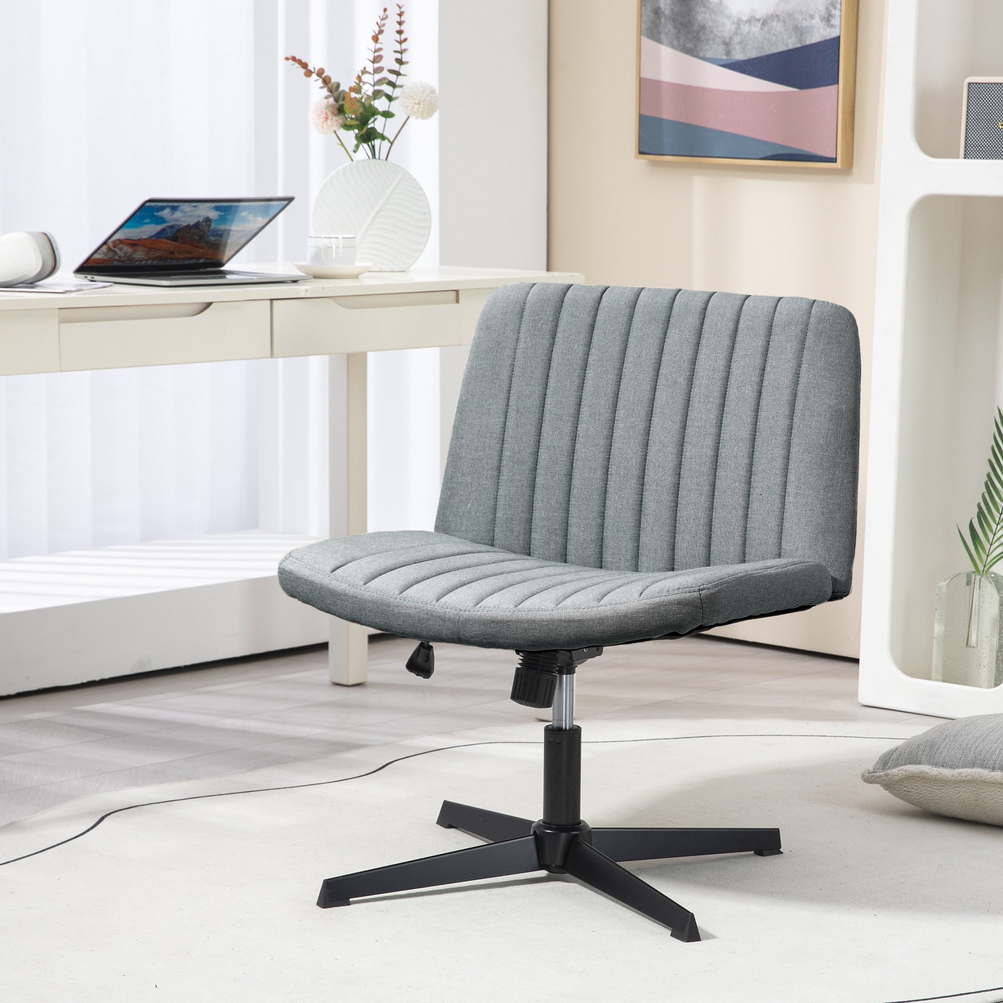 Wide Armless Office Chair, Fabric Computer Desk Chair, Task Vanity Chair with Adjustable Height, Gray