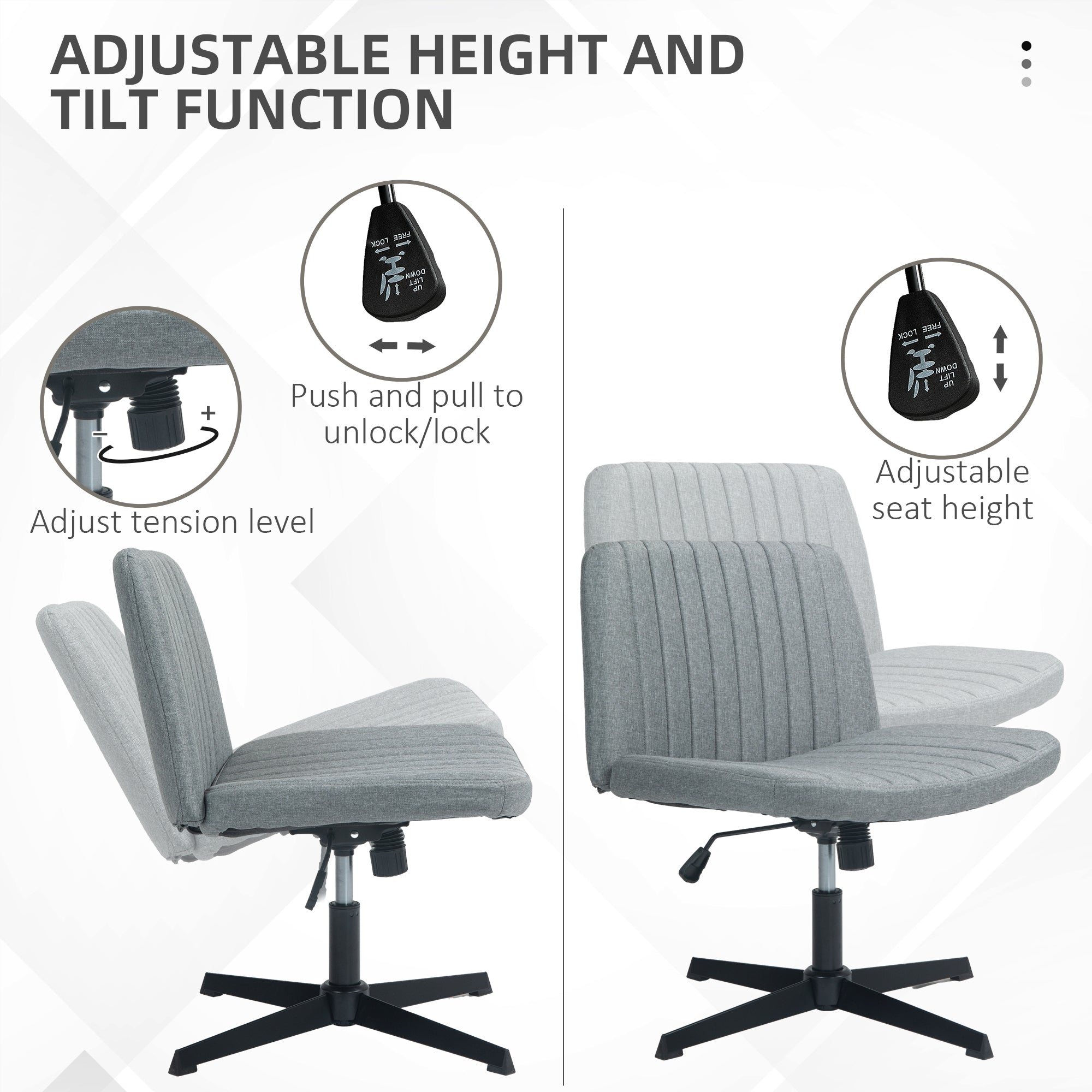 Wide Armless Office Chair, Fabric Computer Desk Chair, Task Vanity Chair with Adjustable Height, Gray