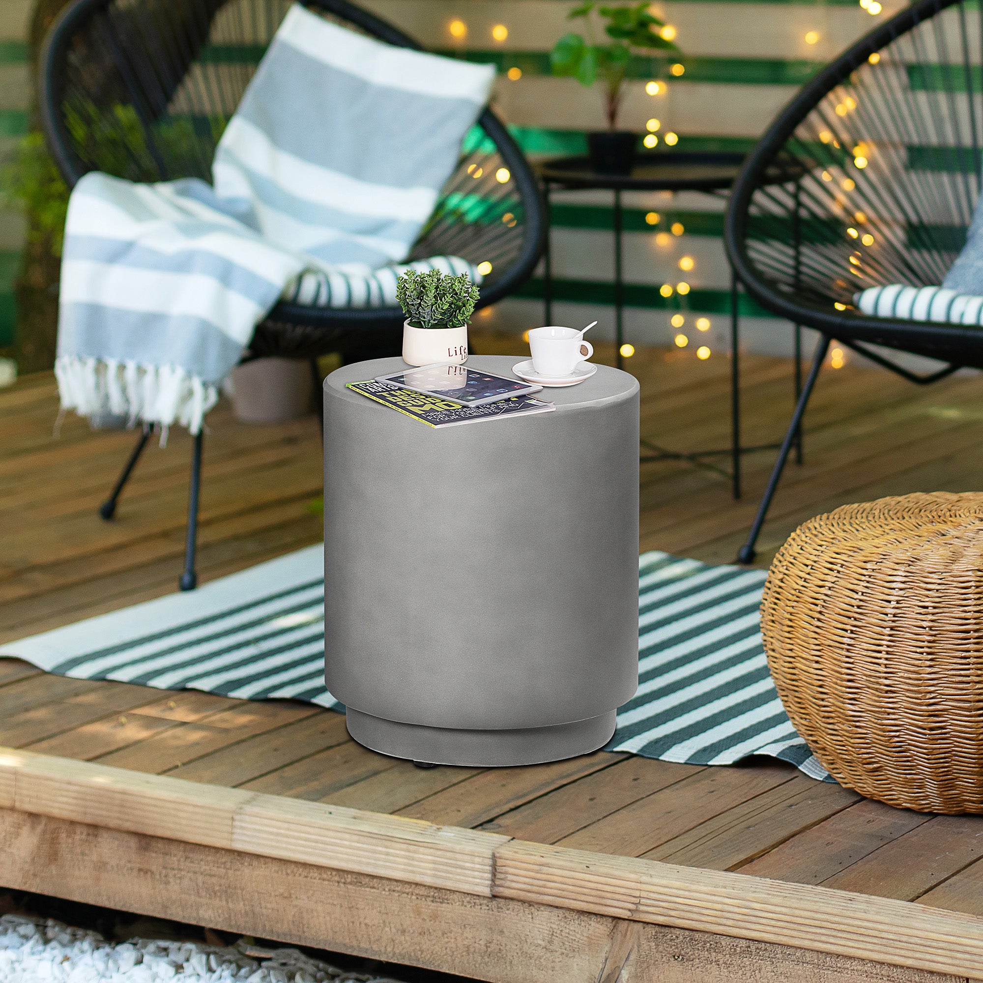 HOMCOM Concrete Finish Side Table, Lightweight Accent Table, 17" Patio Round Stump End Table with 4 Adjustable Feet for Indoor, Outdoor, Washed Grey