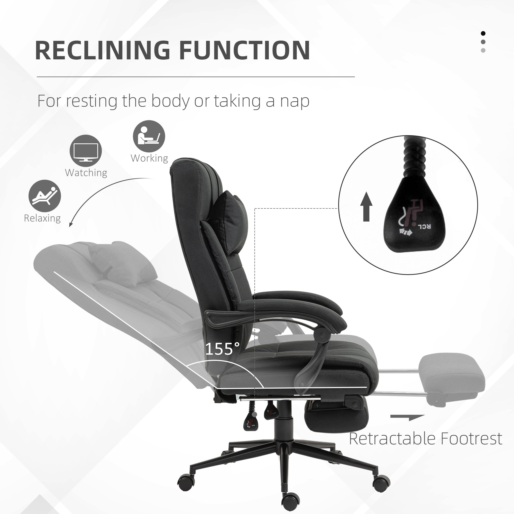 Vinsetto Office Chair Ergonomic Desk Chair, Computer Chair with Footrest & Head Pillow, 360° Swivel Recliner Chair for Home Office, Black