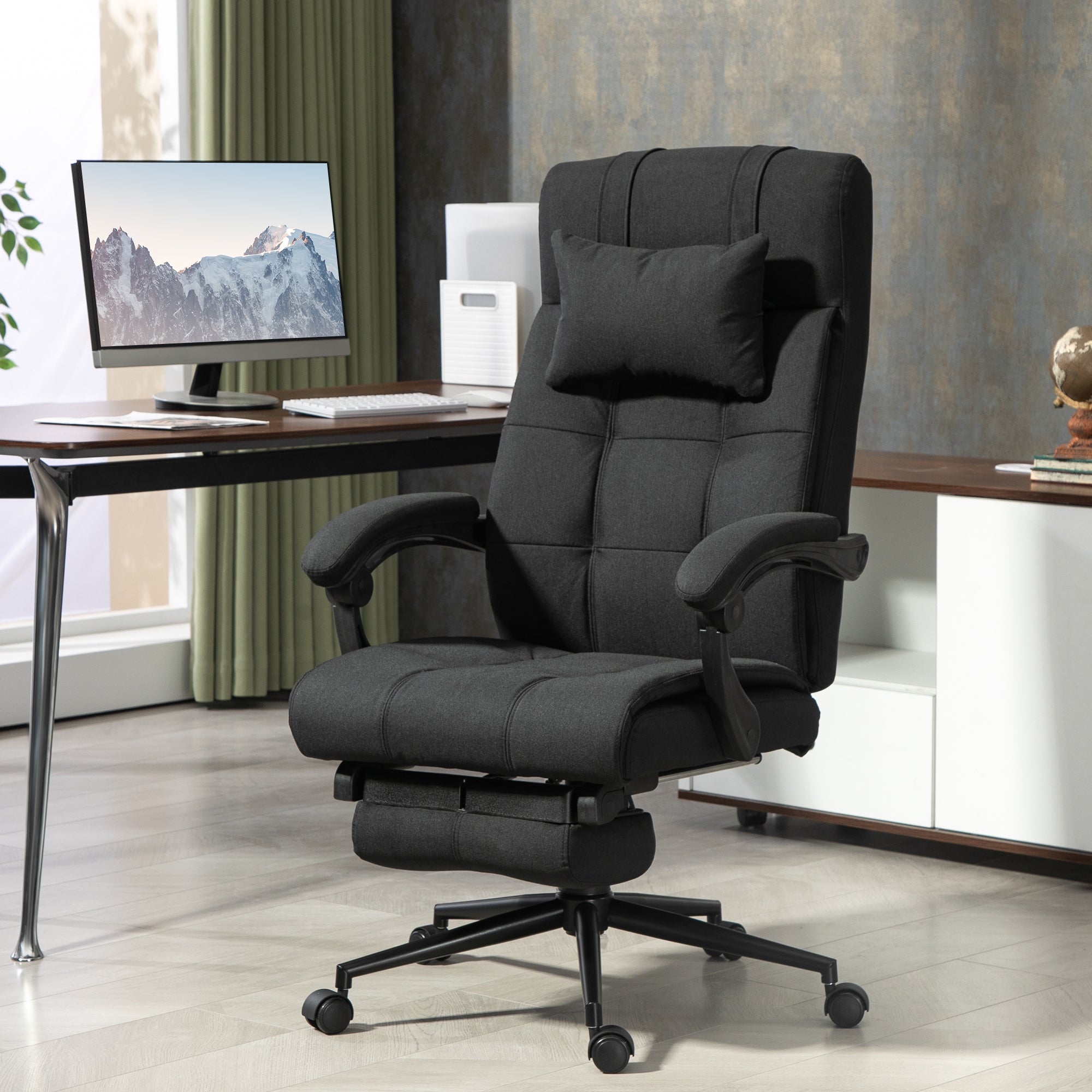 Vinsetto Office Chair Ergonomic Desk Chair, Computer Chair with Footrest & Head Pillow, 360° Swivel Recliner Chair for Home Office, Black