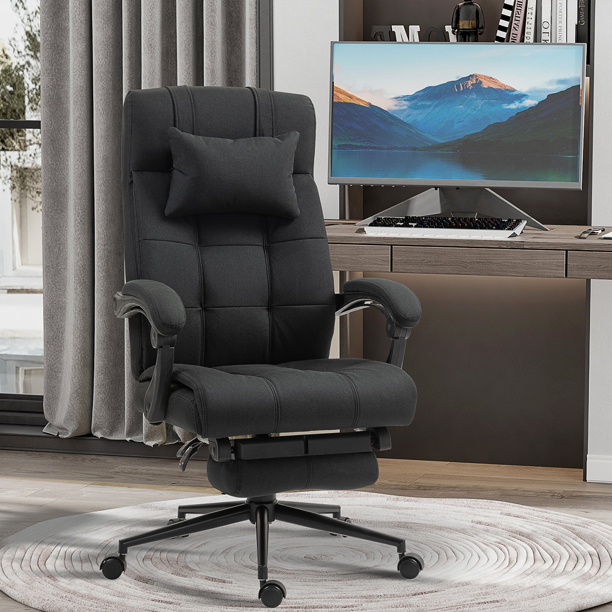 Vinsetto Office Chair Ergonomic Desk Chair, Computer Chair with Footrest & Head Pillow, 360° Swivel Recliner Chair for Home Office, Black