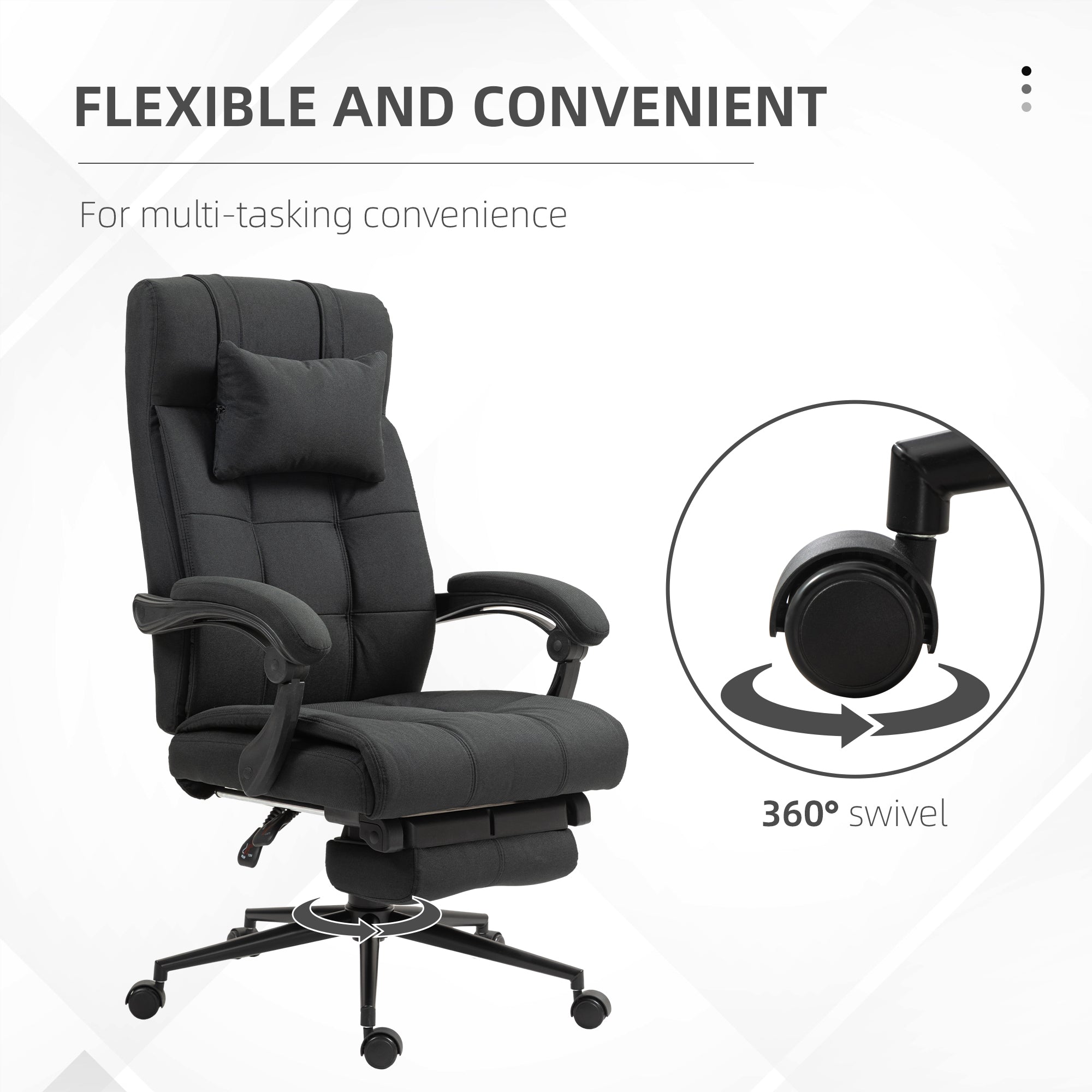 Vinsetto Office Chair Ergonomic Desk Chair, Computer Chair with Footrest & Head Pillow, 360° Swivel Recliner Chair for Home Office, Black