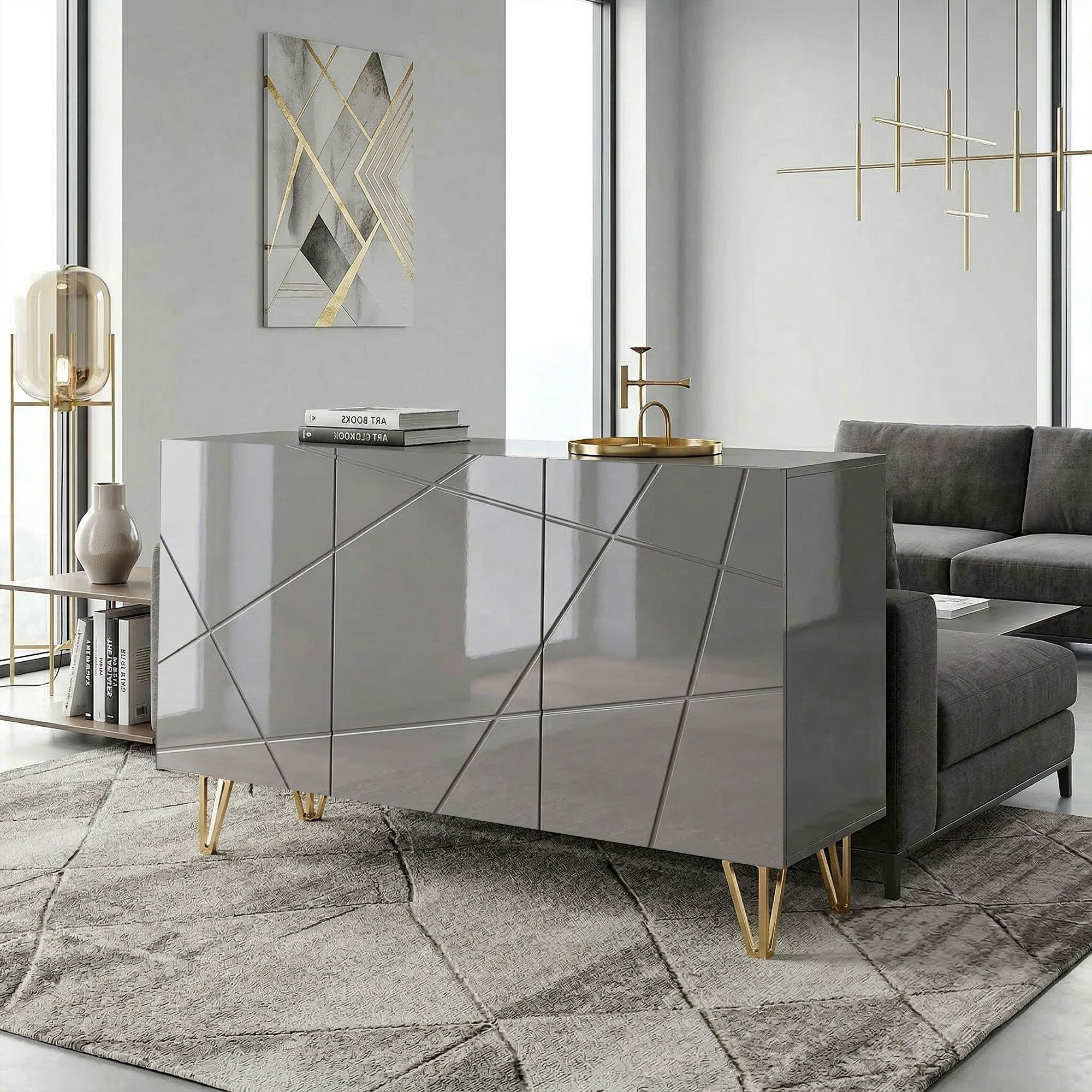 Storage Cabinet with High Gloss, Freestanding Sideboard with Adjustable Shelves, Soft-Close Doors and Gold Tone Hairpin Legs for Living Room, Dining Room, Hallway, Grey