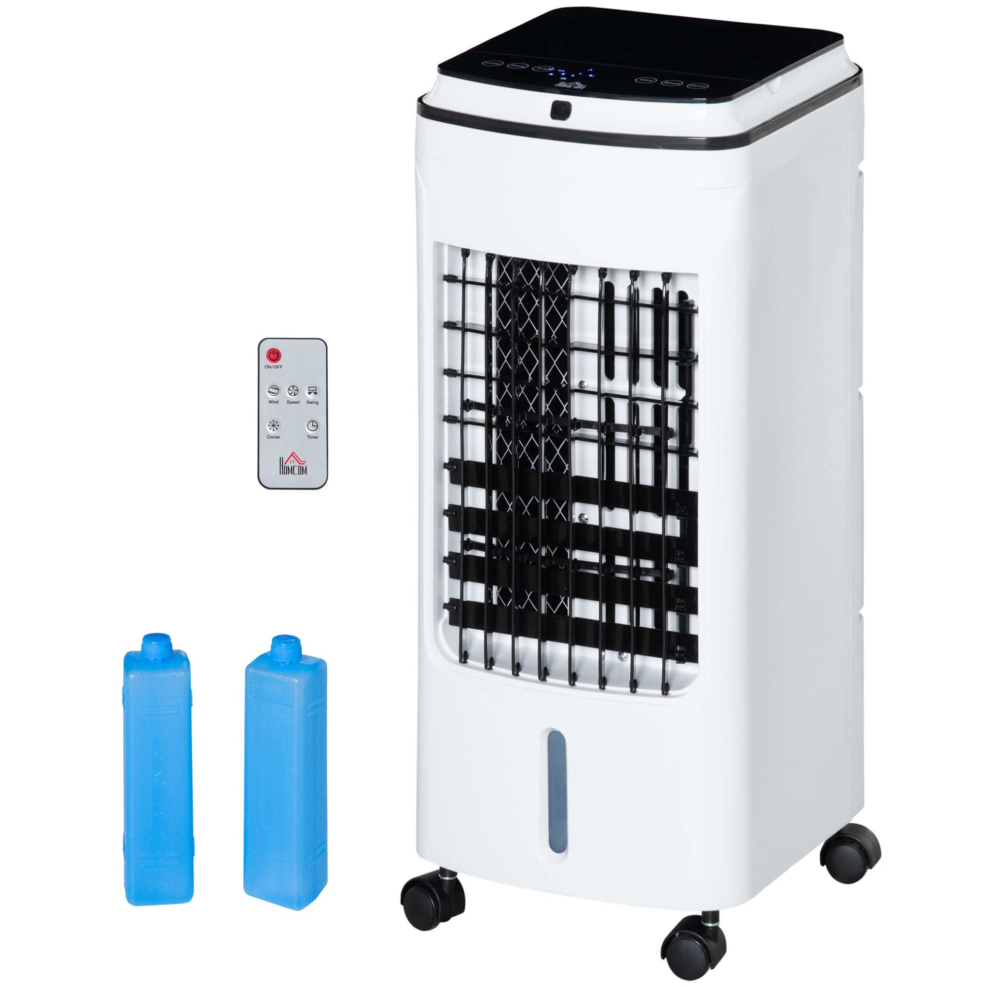 HOMCOM 3-in-1 Portable Air Cooler with 4L Water Tank, Evaporative Air Cooling Fan with Automatic Oscillation, 3 Speeds, 7.5H Timer, Remote, Wheels for Home Office, White