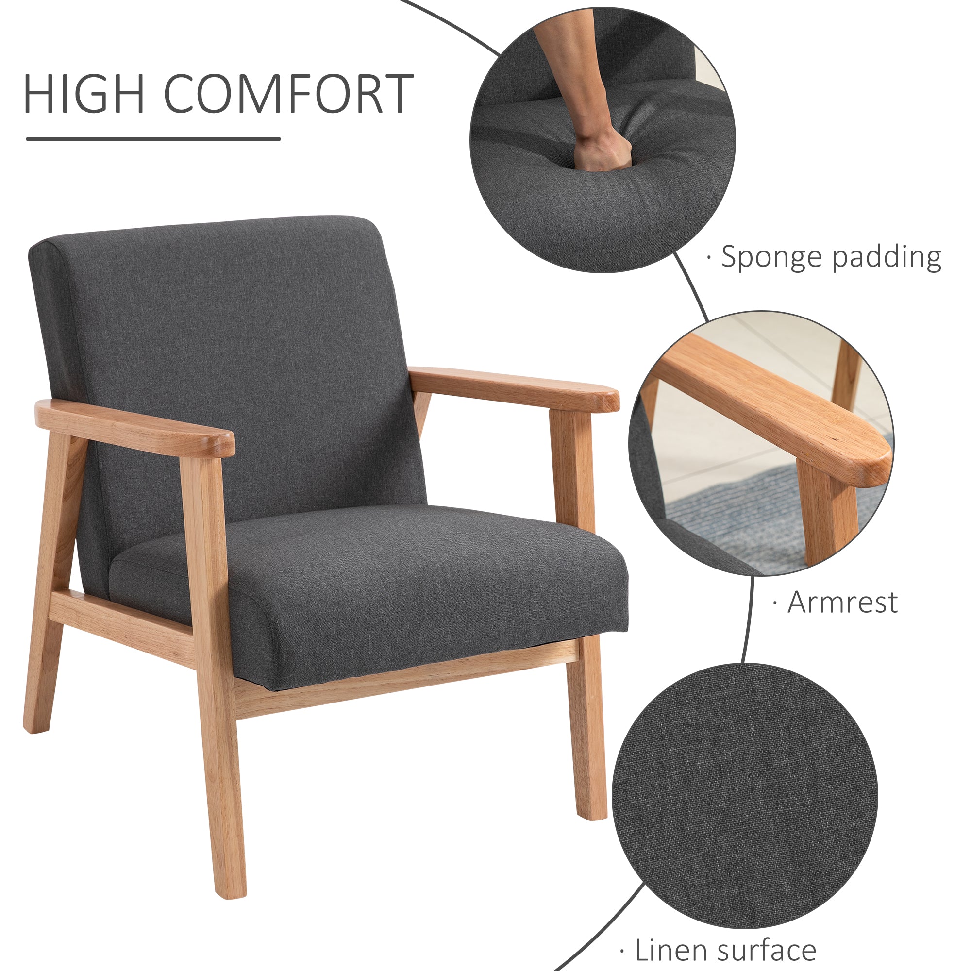 HOMCOM Fabric Accent Chair, Upholstered Armchair, Mid-Century Modern Living Room Chair with Wood Legs and Padded Cushion for Bedroom, Grey