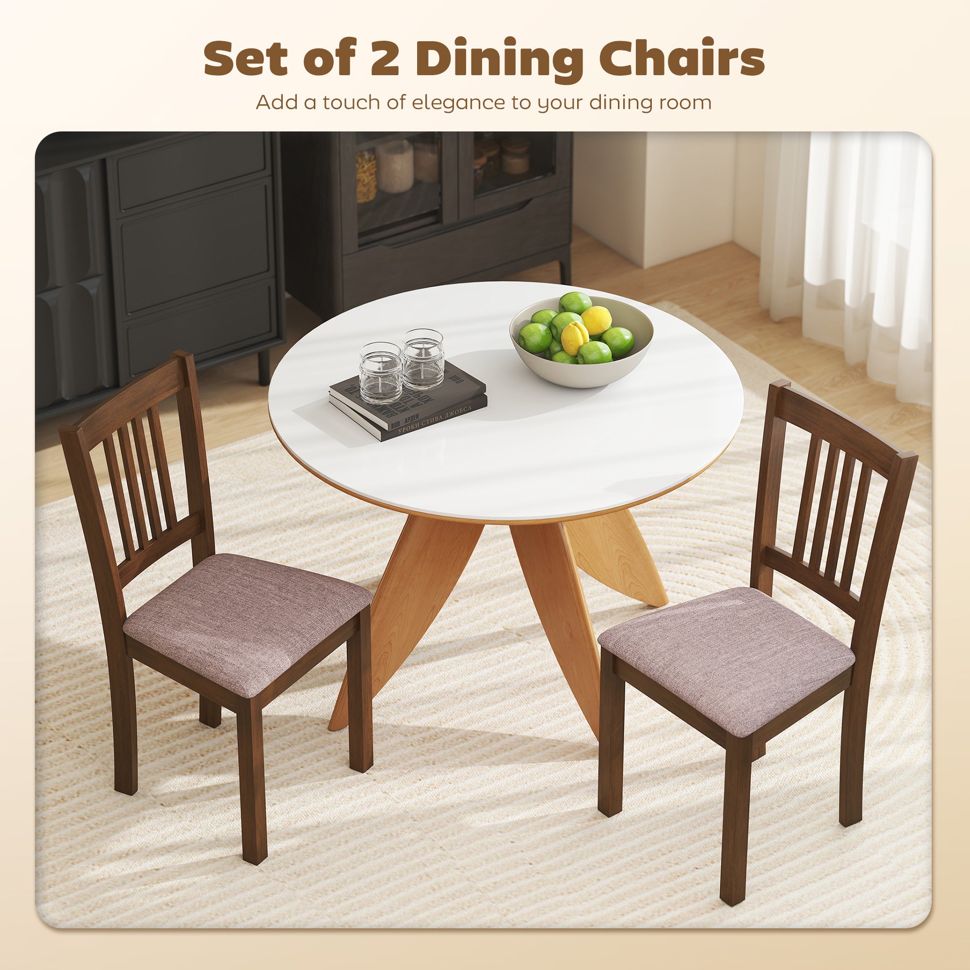 Modern Dining Chairs Set of 2, Linen Fabric Upholstered Kitchen Chairs with Rubberwood Legs for Dining Room, Living Room, Brown and Light Brown