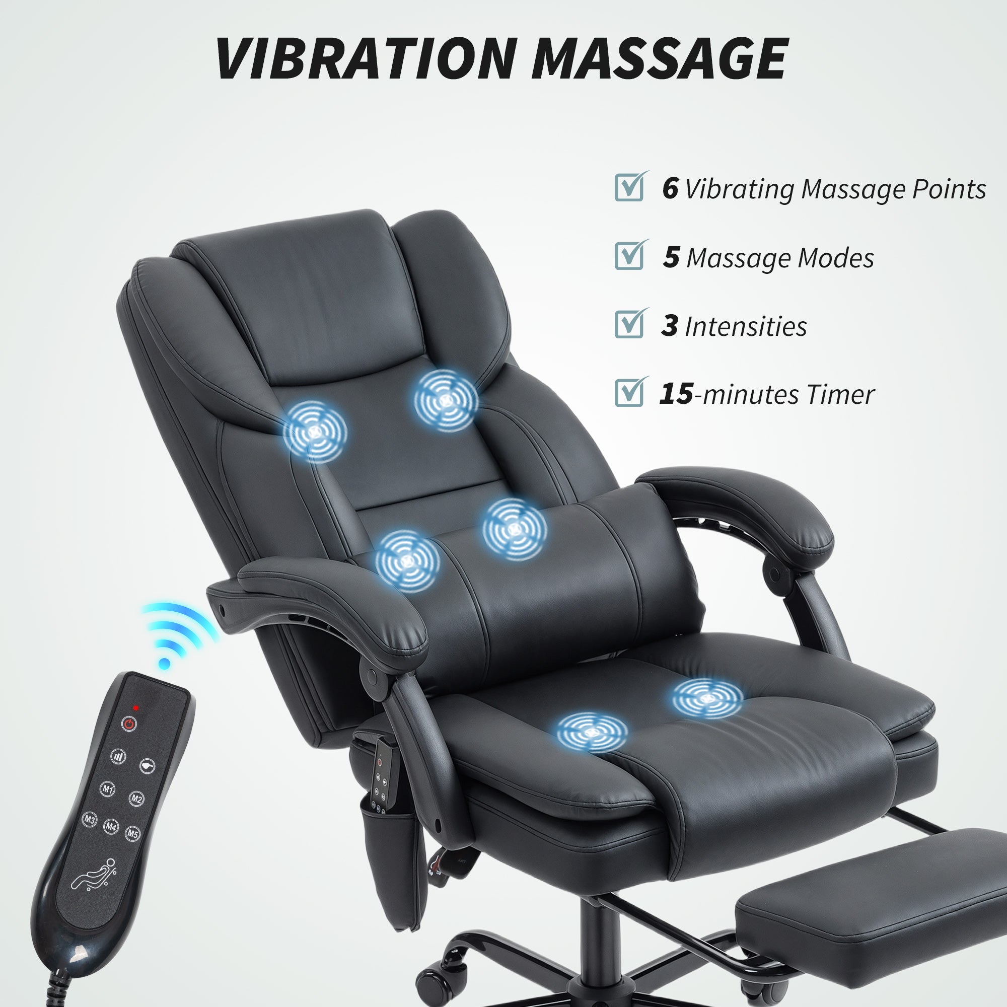 Massage Office Chair with 6 Vibration Points, Pet-Friendly Faux Leather, Reclining Desk Chair with Lumbar Support, Footrest, Adjustable Height, Swivel Wheels, Remote, Black