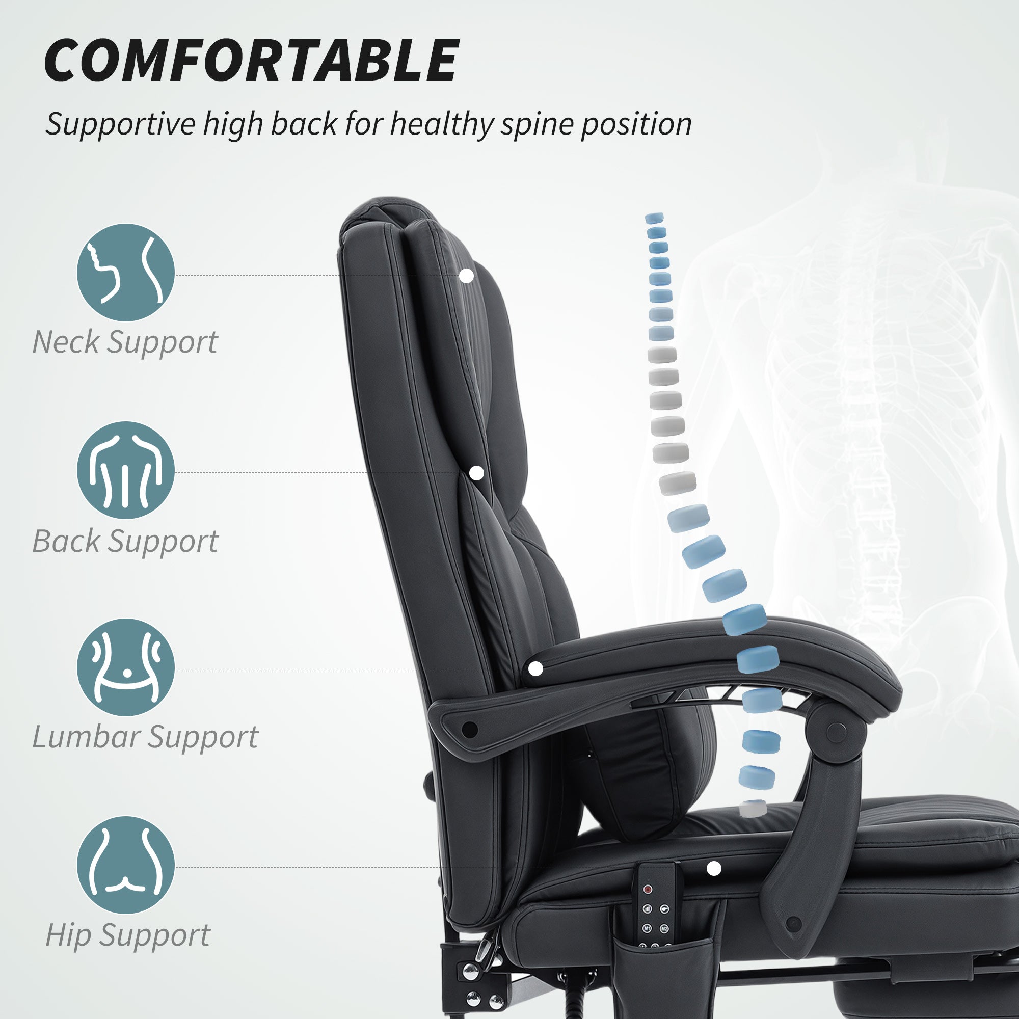 Massage Office Chair with 6 Vibration Points, Pet-Friendly Faux Leather, Reclining Desk Chair with Lumbar Support, Footrest, Adjustable Height, Swivel Wheels, Remote, Black