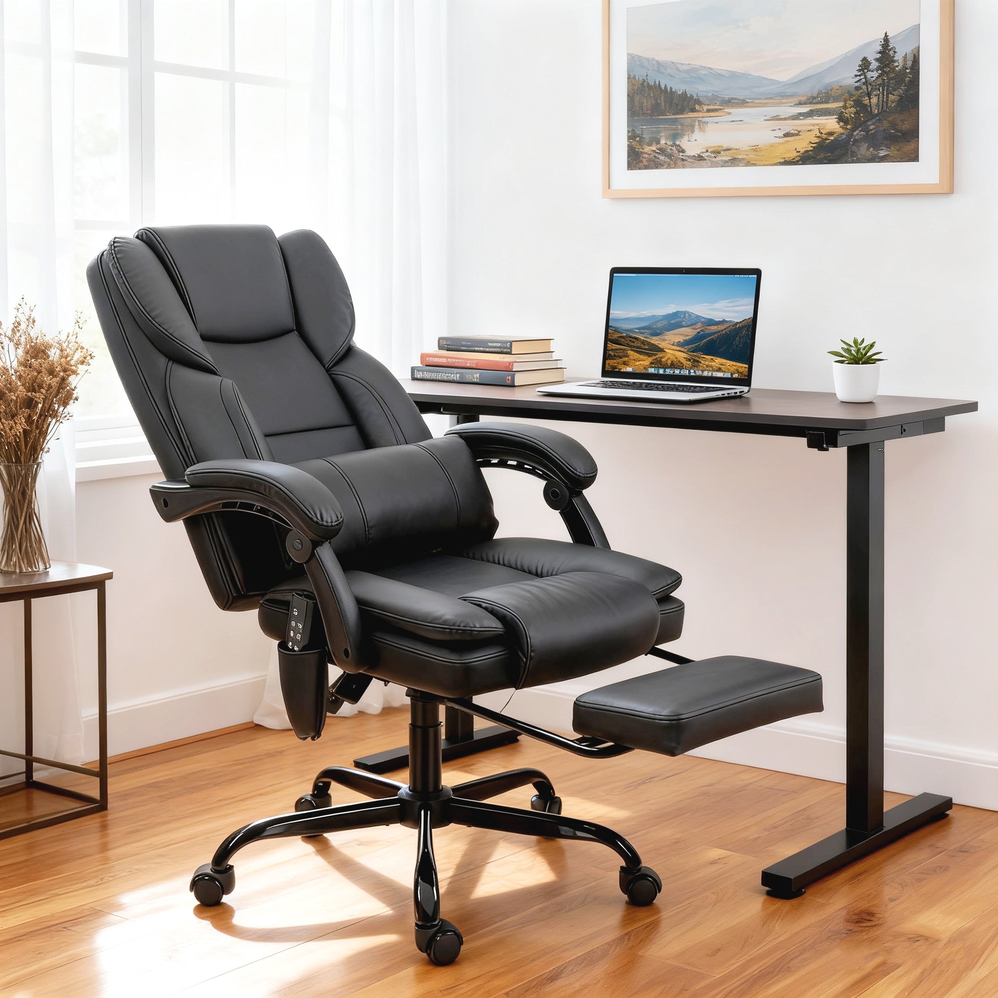 Massage Office Chair with 6 Vibration Points, Pet-Friendly Faux Leather, Reclining Desk Chair with Lumbar Support, Footrest, Adjustable Height, Swivel Wheels, Remote, Black