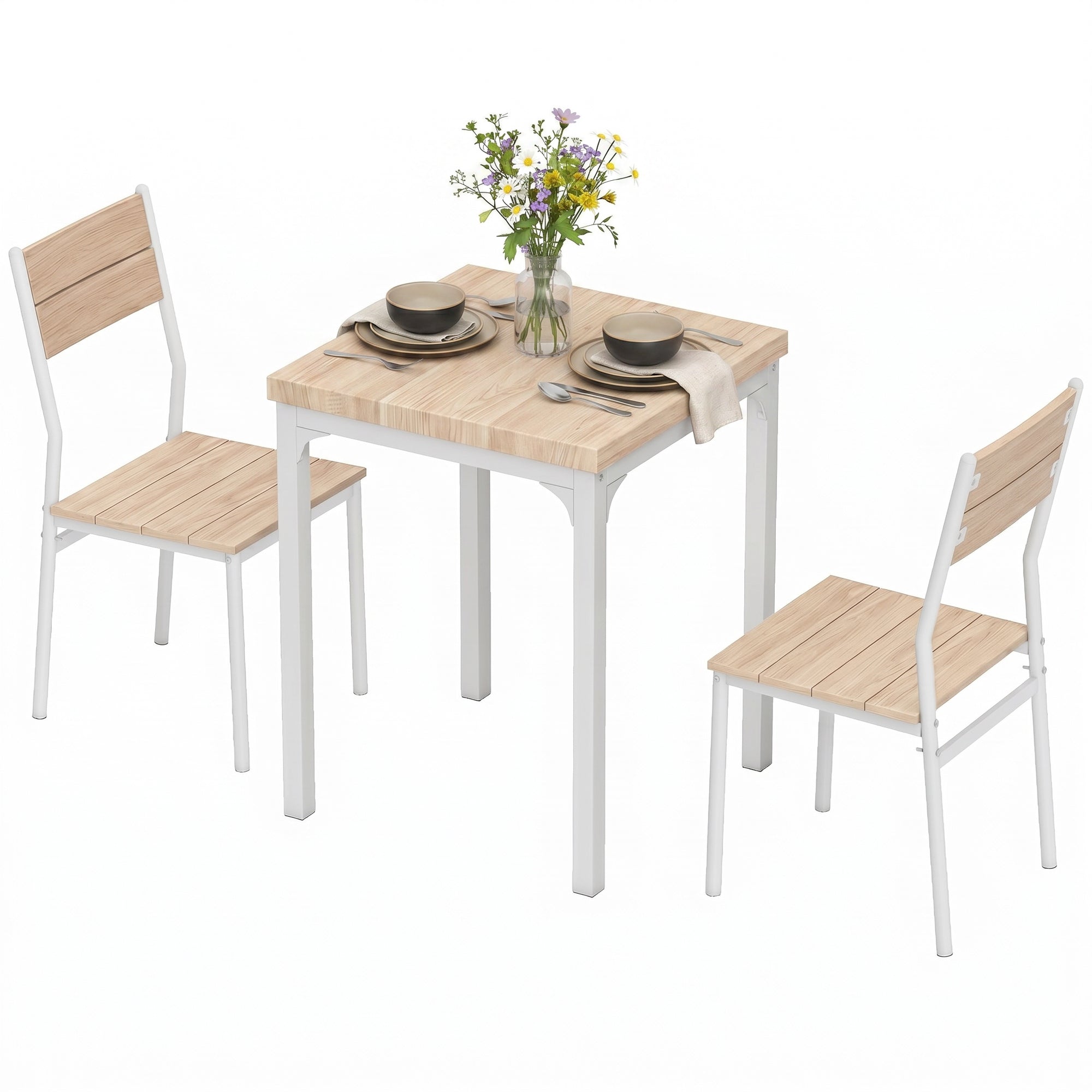 3 Pieces Modern Dining Table Set, Kitchen Table and Chairs for 2, Space Saving Design, Breakfast Nook Table Set with Steel Legs for Kitchen, Small Space, Oak Wood Effect