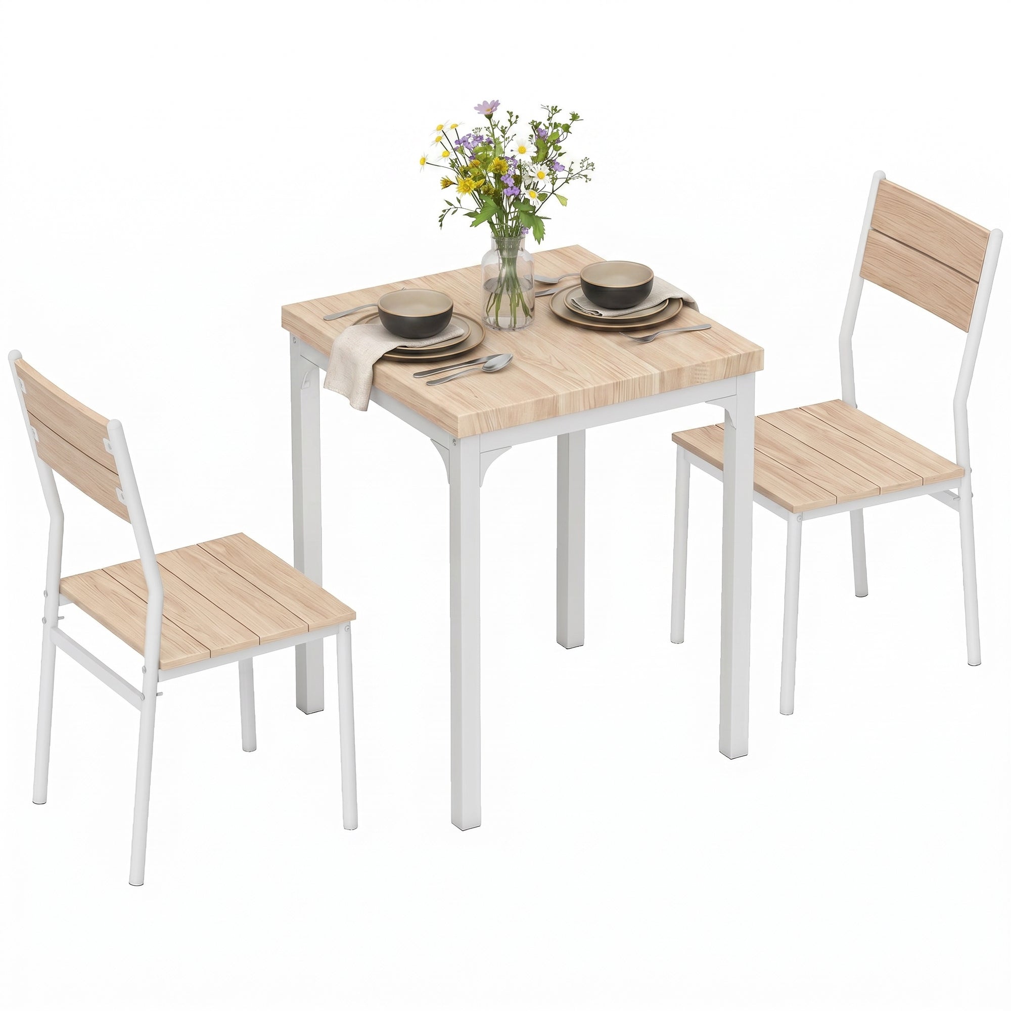 3 Pieces Modern Dining Table Set, Kitchen Table and Chairs for 2, Space Saving Design, Breakfast Nook Table Set with Steel Legs for Kitchen, Small Space, Oak Wood Effect