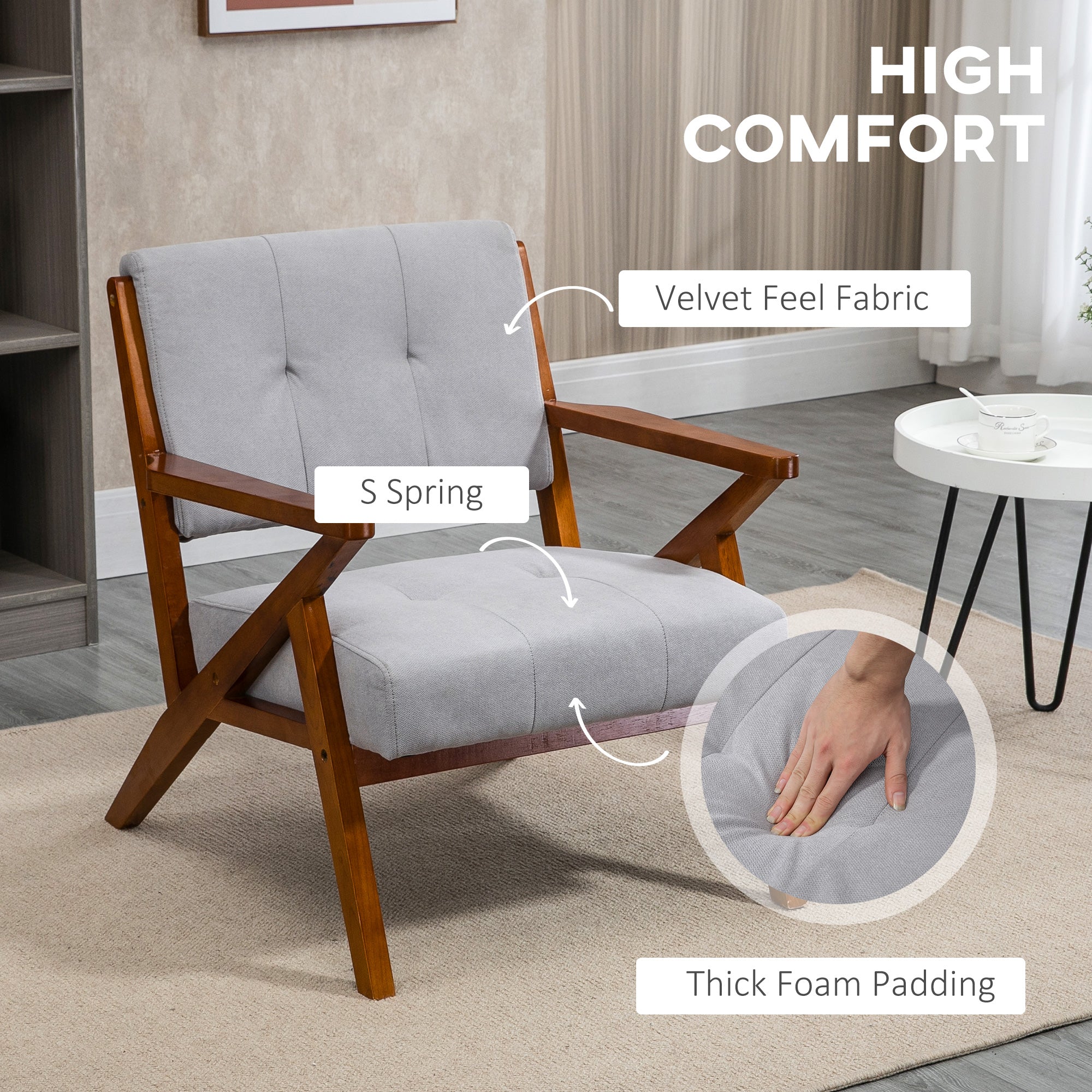 HOMCOM Accent Chairs with Seat and Back Cushion, Upholstered Arm Chair for Bedroom, Tufted Living Room Chair with Wood Legs, Grey