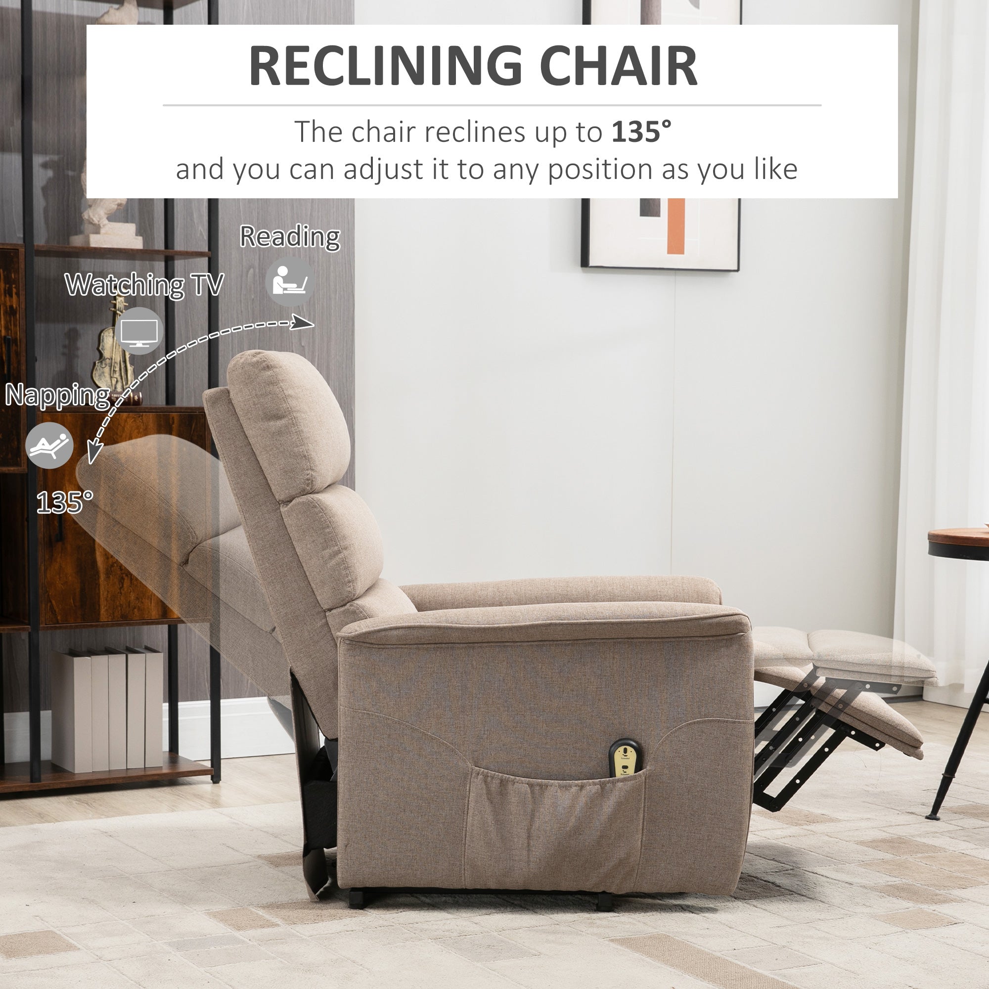 HOMCOM Power Lift Chair, Electric Recliner for Elderly, Padded Reclining Chair with Remote Control, Side Pockets for Living Room, Brown