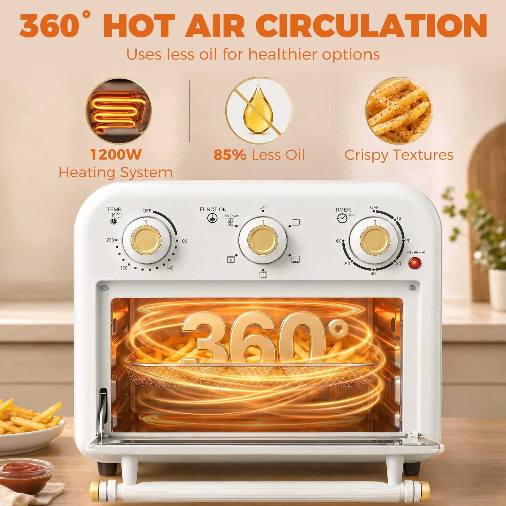 Air Fryer Oven, 12 L Small Convection Countertop Toaster Oven with Knob Controls, Baking Tray and Fry Basket, Adjustable Temperature, Timer, Dishwasher Safe, 1200W, Steel, Cream White