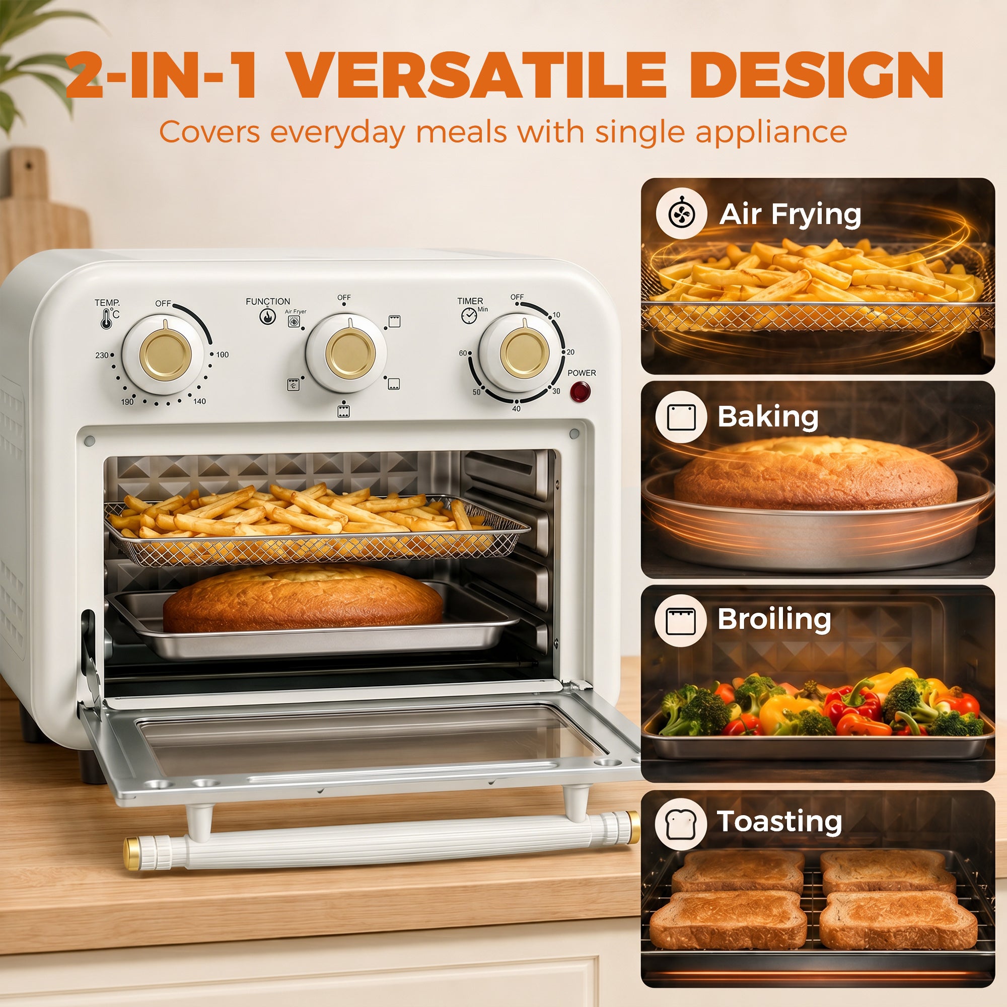 Air Fryer Oven, 12 L Small Convection Countertop Toaster Oven with Knob Controls, Baking Tray and Fry Basket, Adjustable Temperature, Timer, Dishwasher Safe, 1200W, Steel, Cream White