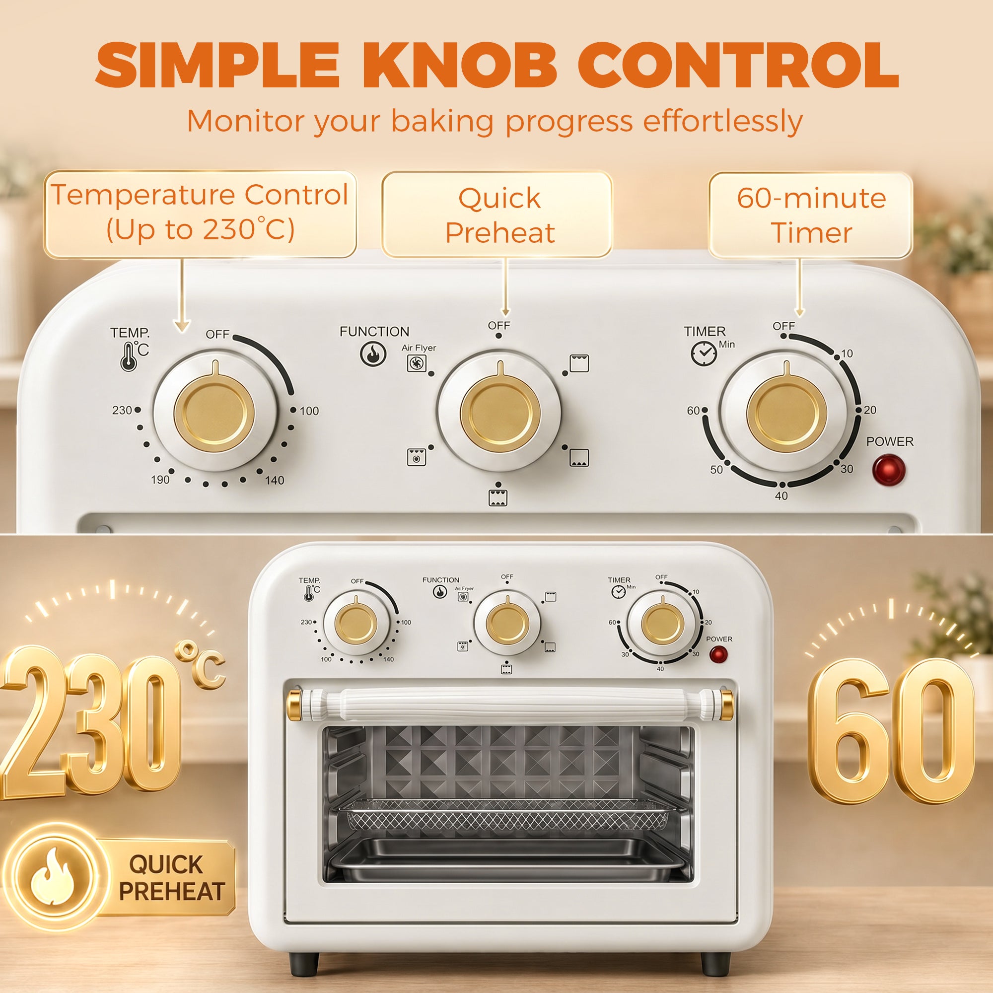 Air Fryer Oven, 12 L Small Convection Countertop Toaster Oven with Knob Controls, Baking Tray and Fry Basket, Adjustable Temperature, Timer, Dishwasher Safe, 1200W, Steel, Cream White