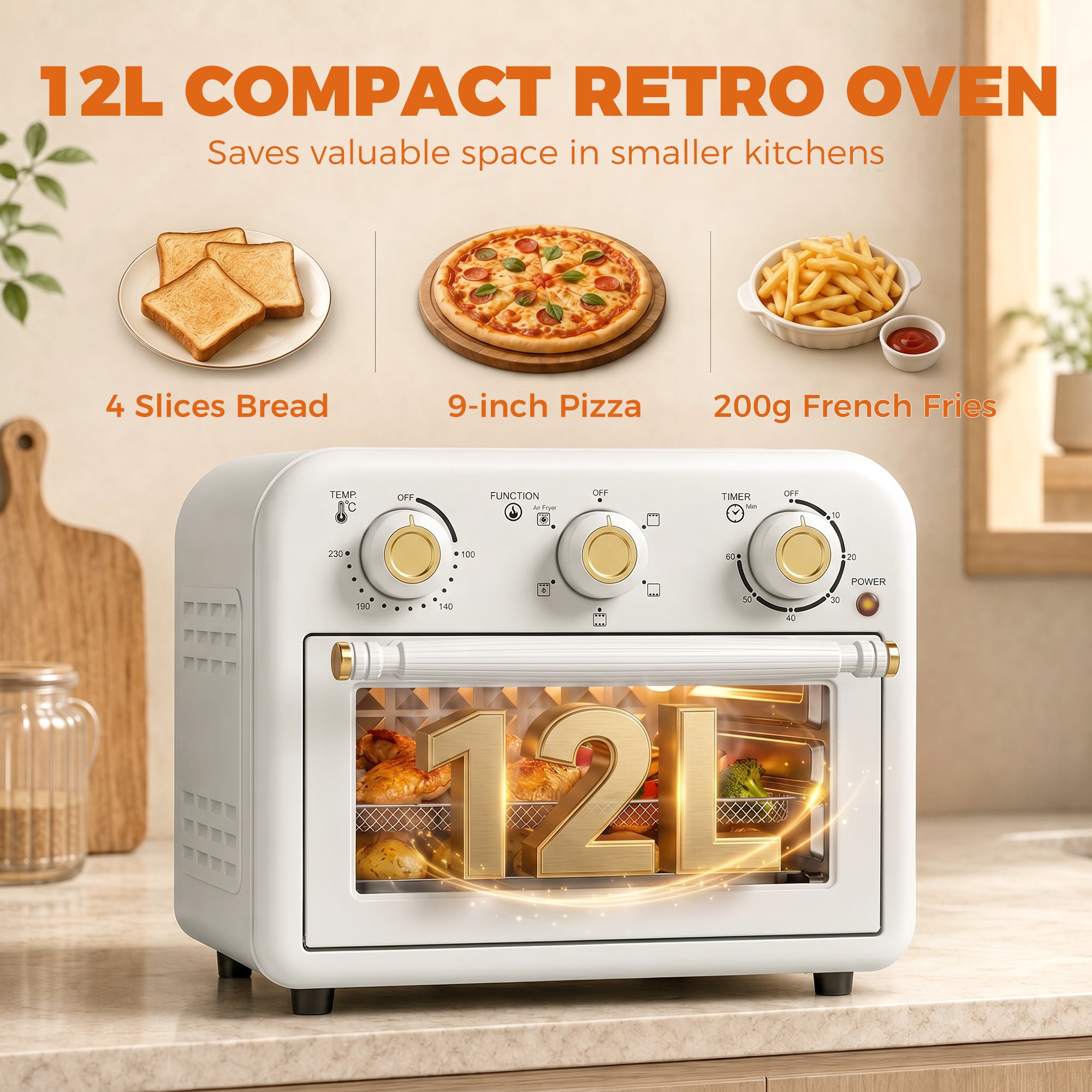 Air Fryer Oven, 12 L Small Convection Countertop Toaster Oven with Knob Controls, Baking Tray and Fry Basket, Adjustable Temperature, Timer, Dishwasher Safe, 1200W, Steel, Cream White