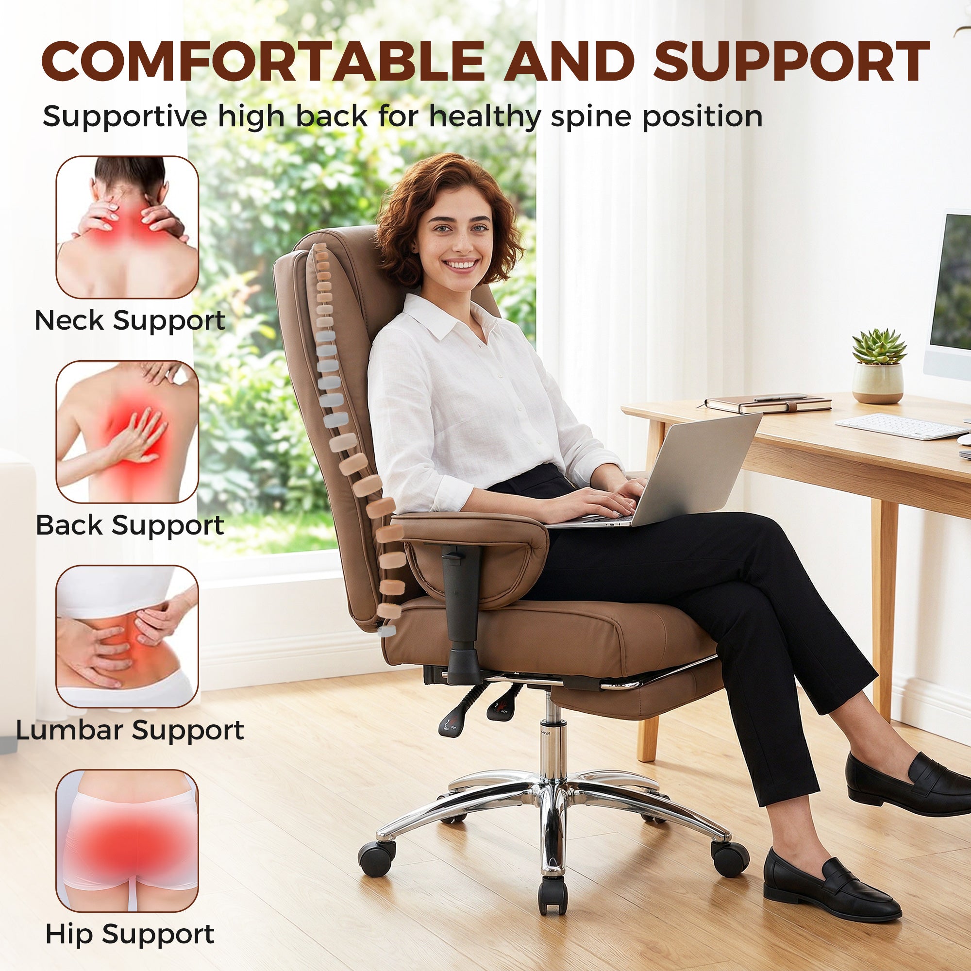 Ergonomic Executive Office Chair with Foot Rest, Reclining Swivel Computer Desk Chair with Adjustable Armrests, Spring Seat, High Back, Thick Cushion, Pet Friendly Faux Leather, Brown