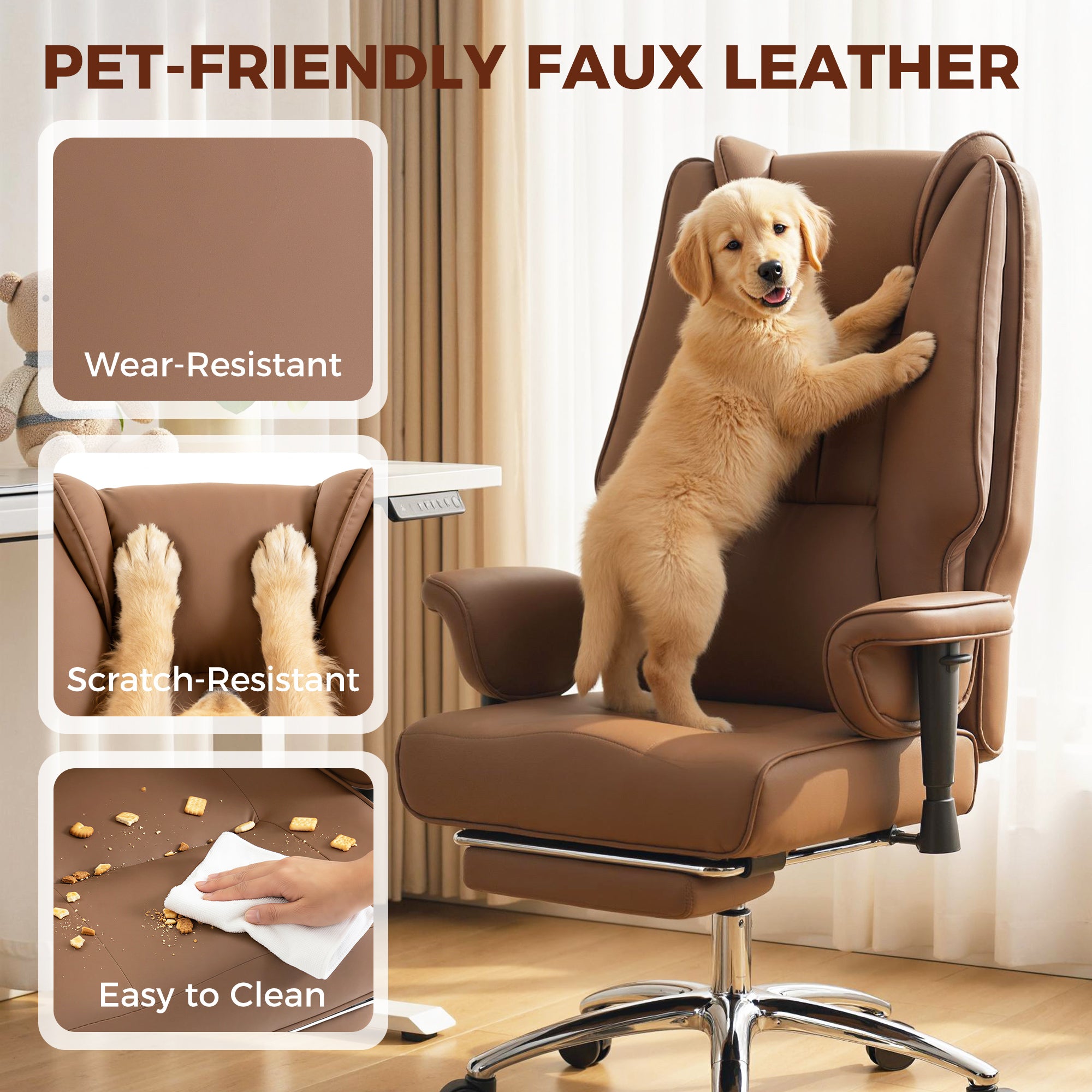 Ergonomic Executive Office Chair with Foot Rest, Reclining Swivel Computer Desk Chair with Adjustable Armrests, Spring Seat, High Back, Thick Cushion, Pet Friendly Faux Leather, Brown