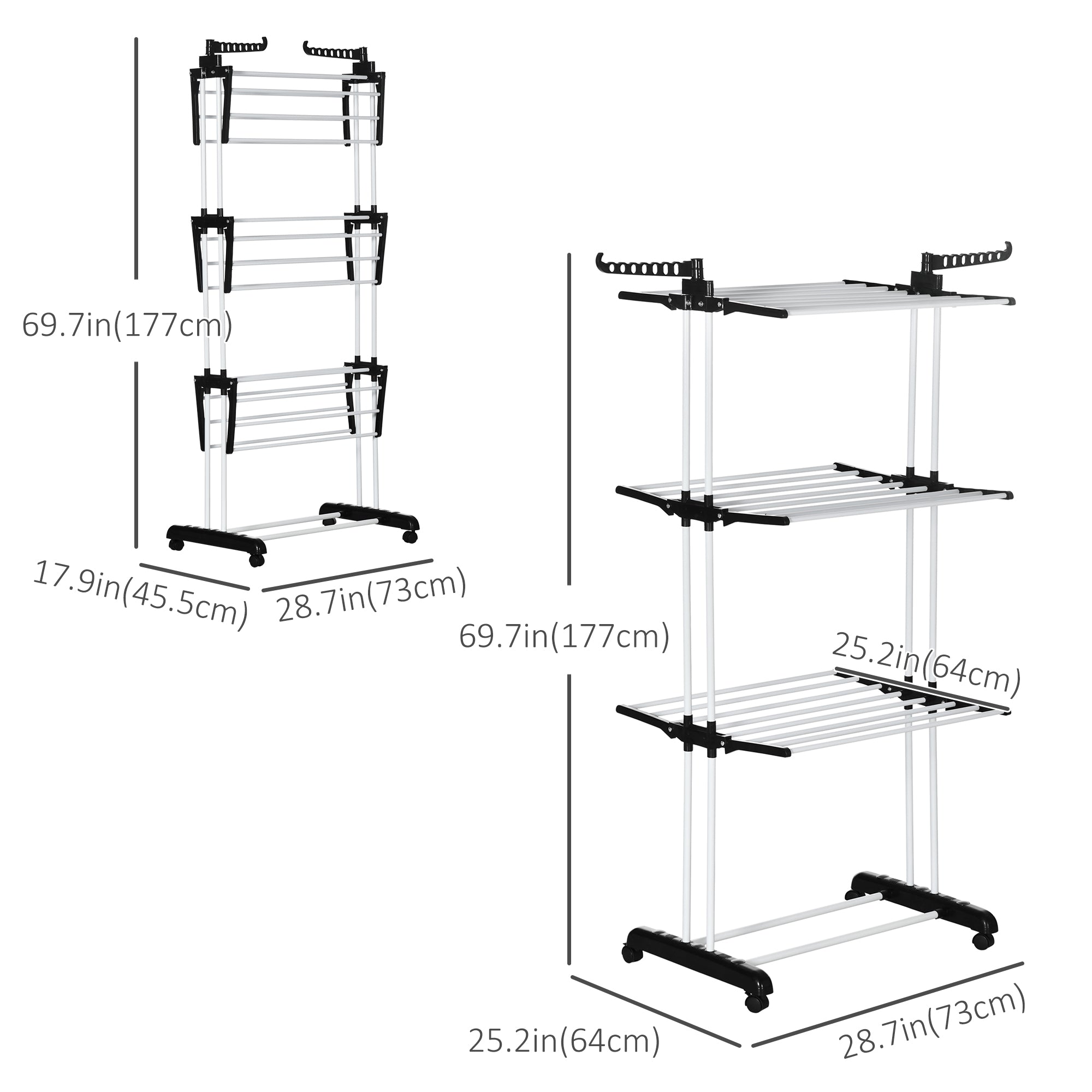 HOMCOM Foldable Clothes Drying Rack, 4-Tier Steel Laundry Racks for Drying Clothes with 2 Side Wings and 4 Castors, Indoor and Outdoor Use, Black