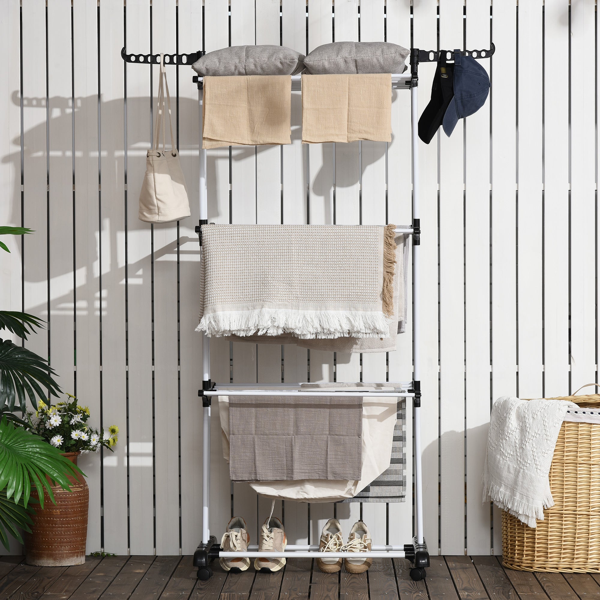 HOMCOM Foldable Clothes Drying Rack, 4-Tier Steel Laundry Racks for Drying Clothes with 2 Side Wings and 4 Castors, Indoor and Outdoor Use, Black