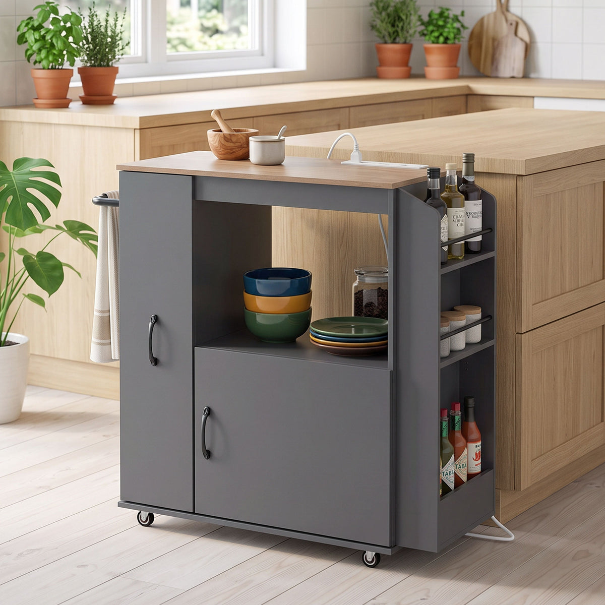 Kitchen Trolley on Wheels, Rolling Kitchen Island Cart with Power Outlet, Cabinet, Pull-Out Drawer and Towel & Spice Rack, Mobile Serving Trolley Cart for Dining Room, Bathroom, Grey