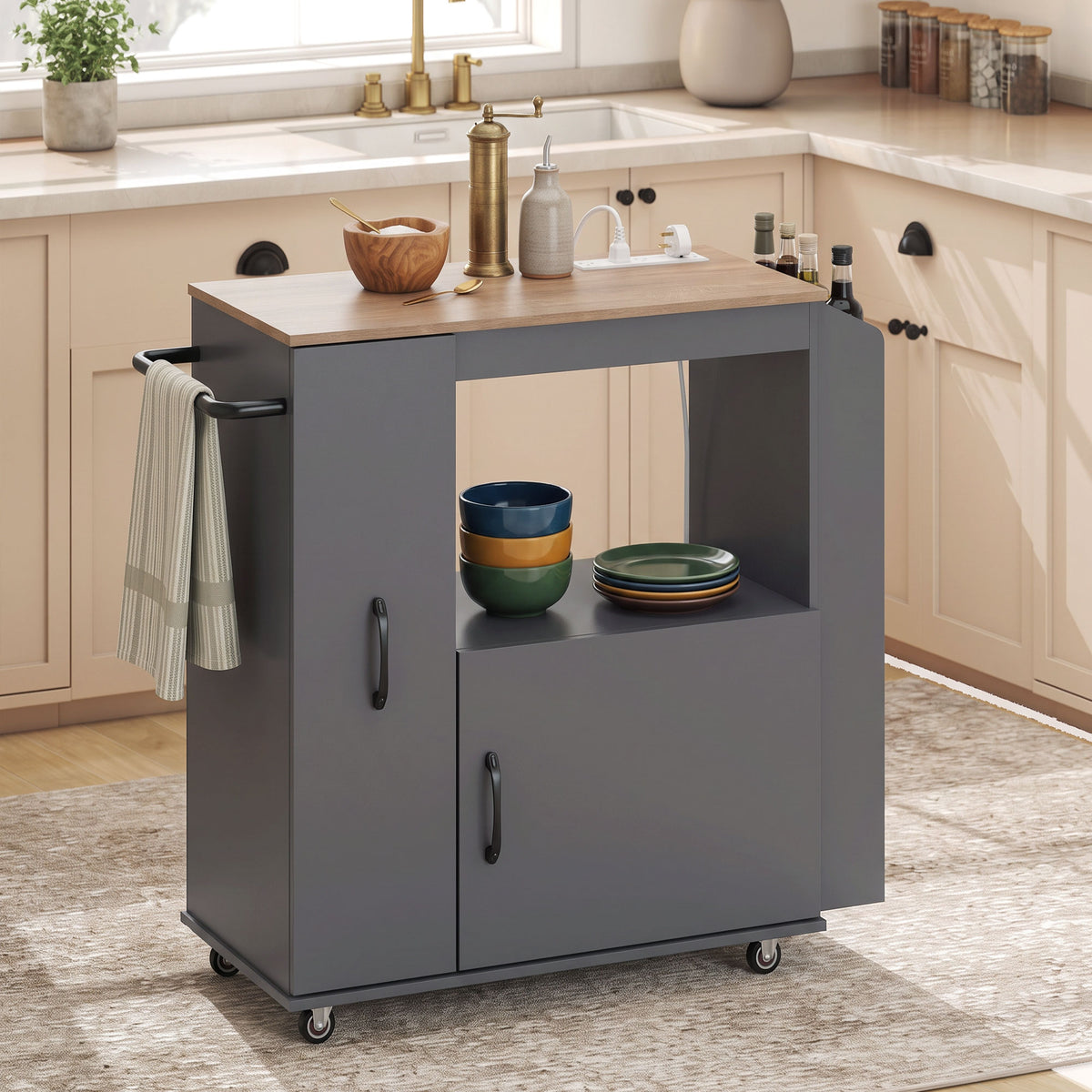 Kitchen Trolley on Wheels, Rolling Kitchen Island Cart with Power Outlet, Cabinet, Pull-Out Drawer and Towel & Spice Rack, Mobile Serving Trolley Cart for Dining Room, Bathroom, Grey