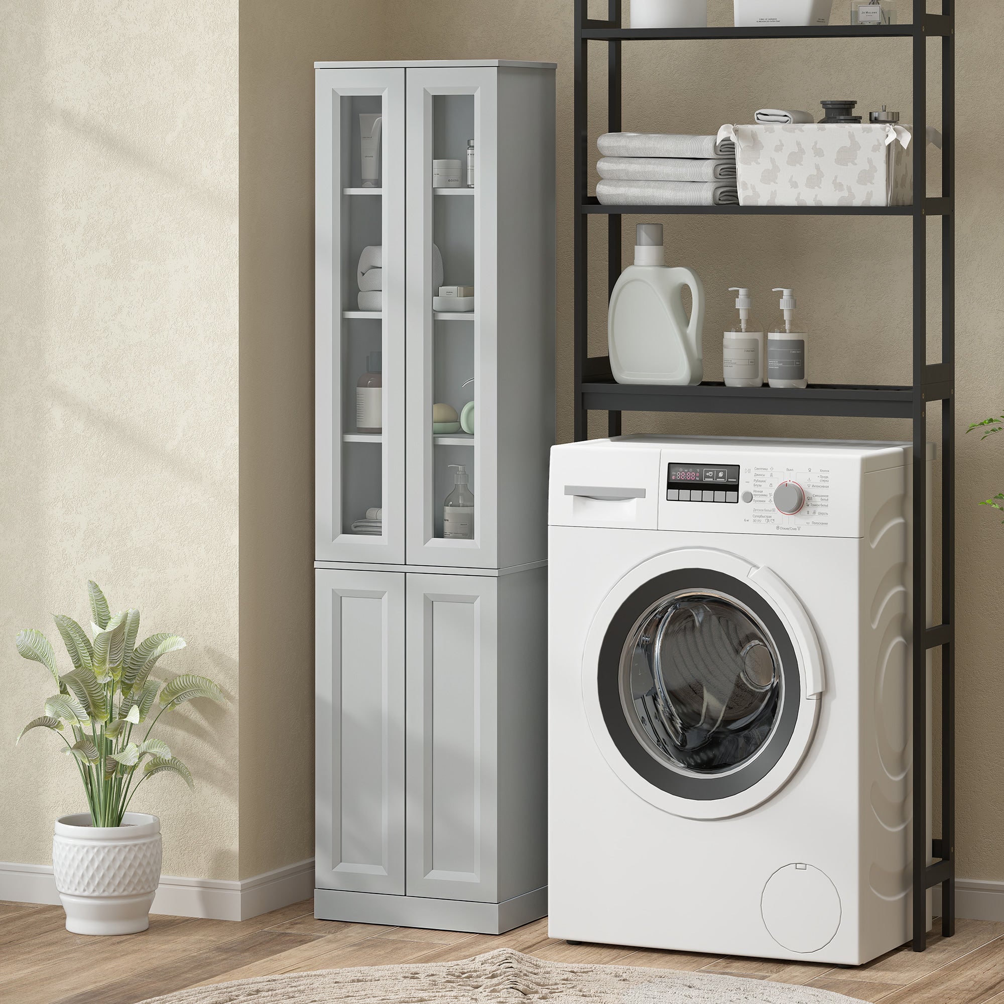 Tall Bathroom Storage Cabinet, 6-Tier Slim Freestanding Bathroom Cabinet with Adjustable Shelf, 4 Soft-Close Doors, Storage Unit for Small Space, 38 x 26 x 160 cm, Dusty Blue