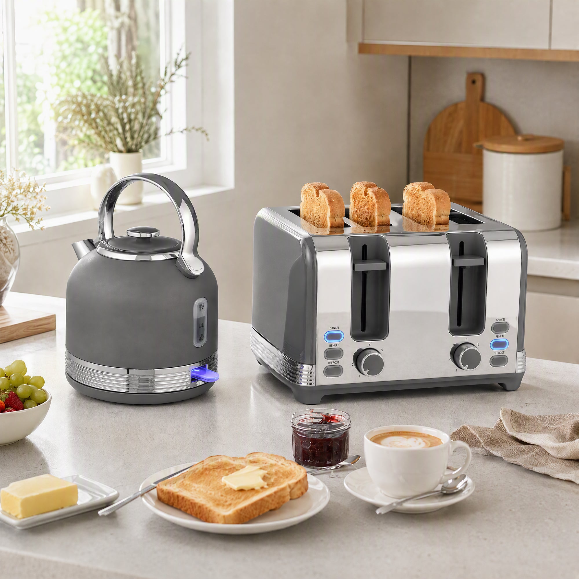 Stainless Steel Kettle and Toaster Set, 1.7L 3000W Cordless Fast Boil Kettle, 4 Slice Toaster Kitchen Set with 7 Level Browning Controls, Defrost, Reheat and Crumb Tray, Grey