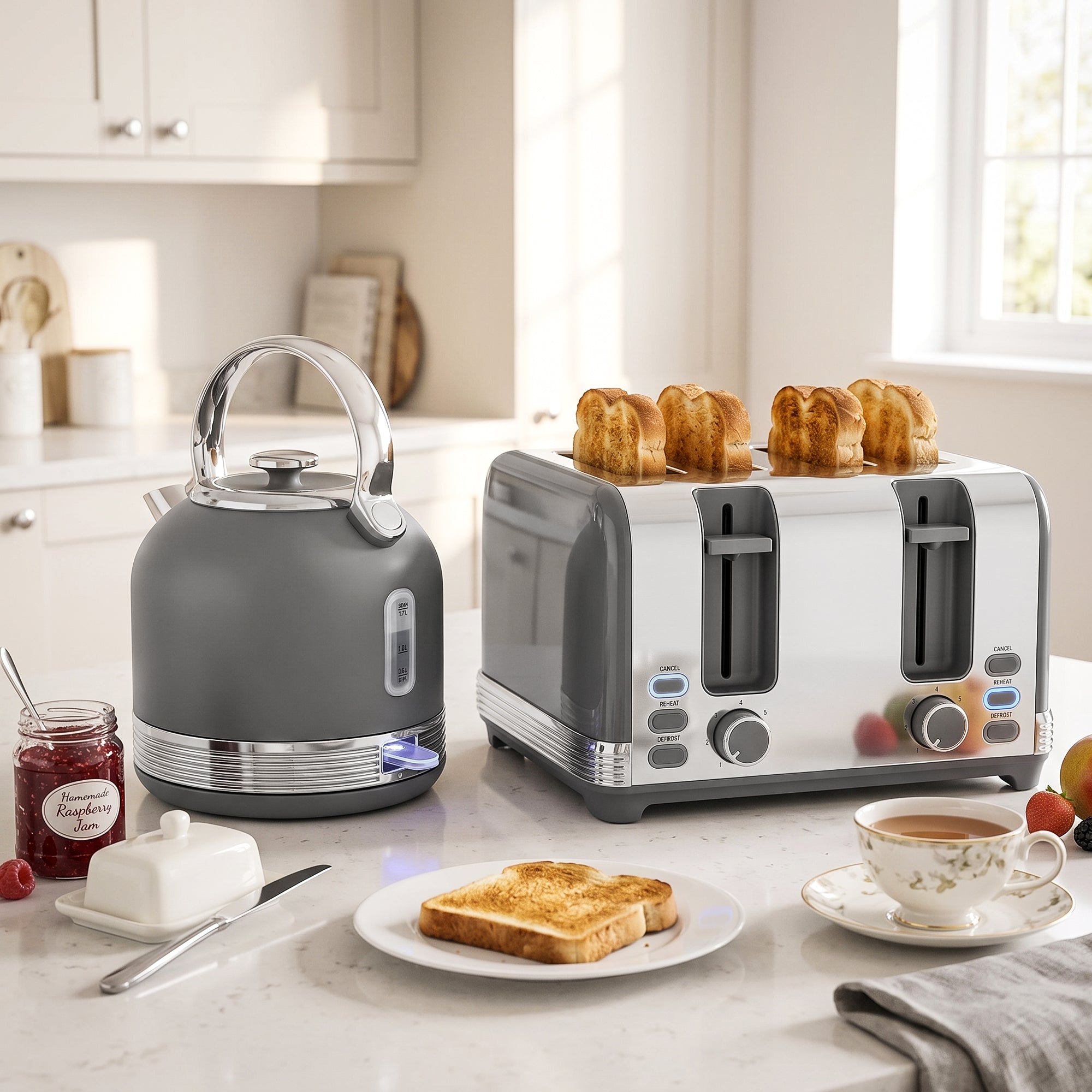 Stainless Steel Kettle and Toaster Set, 1.7L 3000W Cordless Fast Boil Kettle, 4 Slice Toaster Kitchen Set with 7 Level Browning Controls, Defrost, Reheat and Crumb Tray, Grey