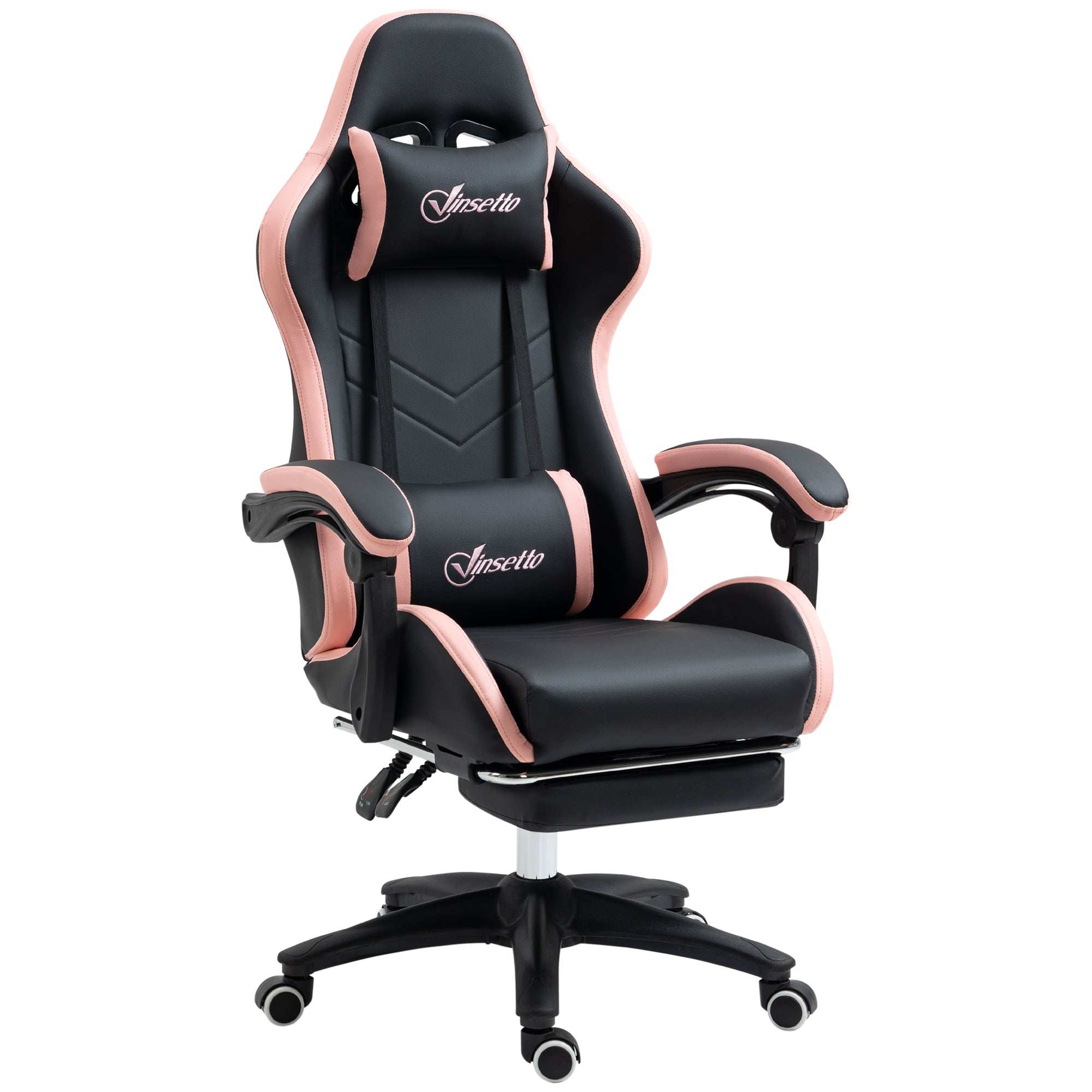 Computer Gaming Chair, PU Leather Office Desk Chair with Footrest, Swivel Wheels, 135° Reclining Back, Lumbar Support, Headrest for Home, Black and Pink