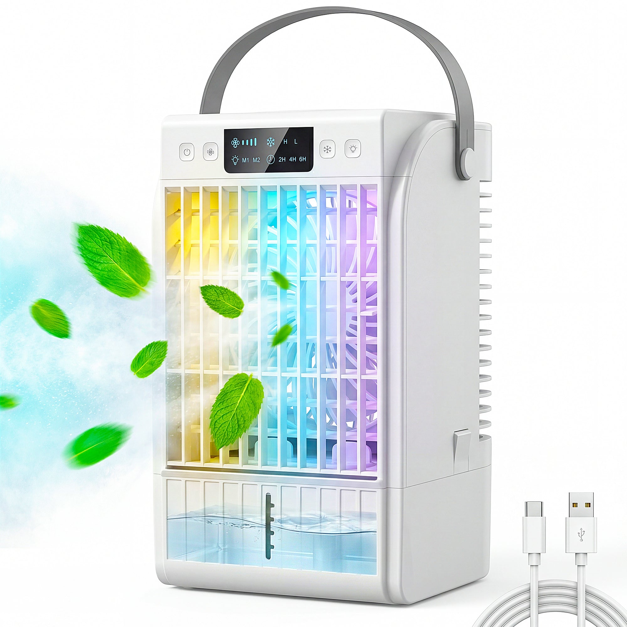 6.7 Inch Desk Fan with RGB Light, Misting Cooler and Humidifier, Table Fan with 4-Speed, 0.4 Gallons Water Tank, Air Circulator for Bedrooms Dorm Rooms Home Office, White