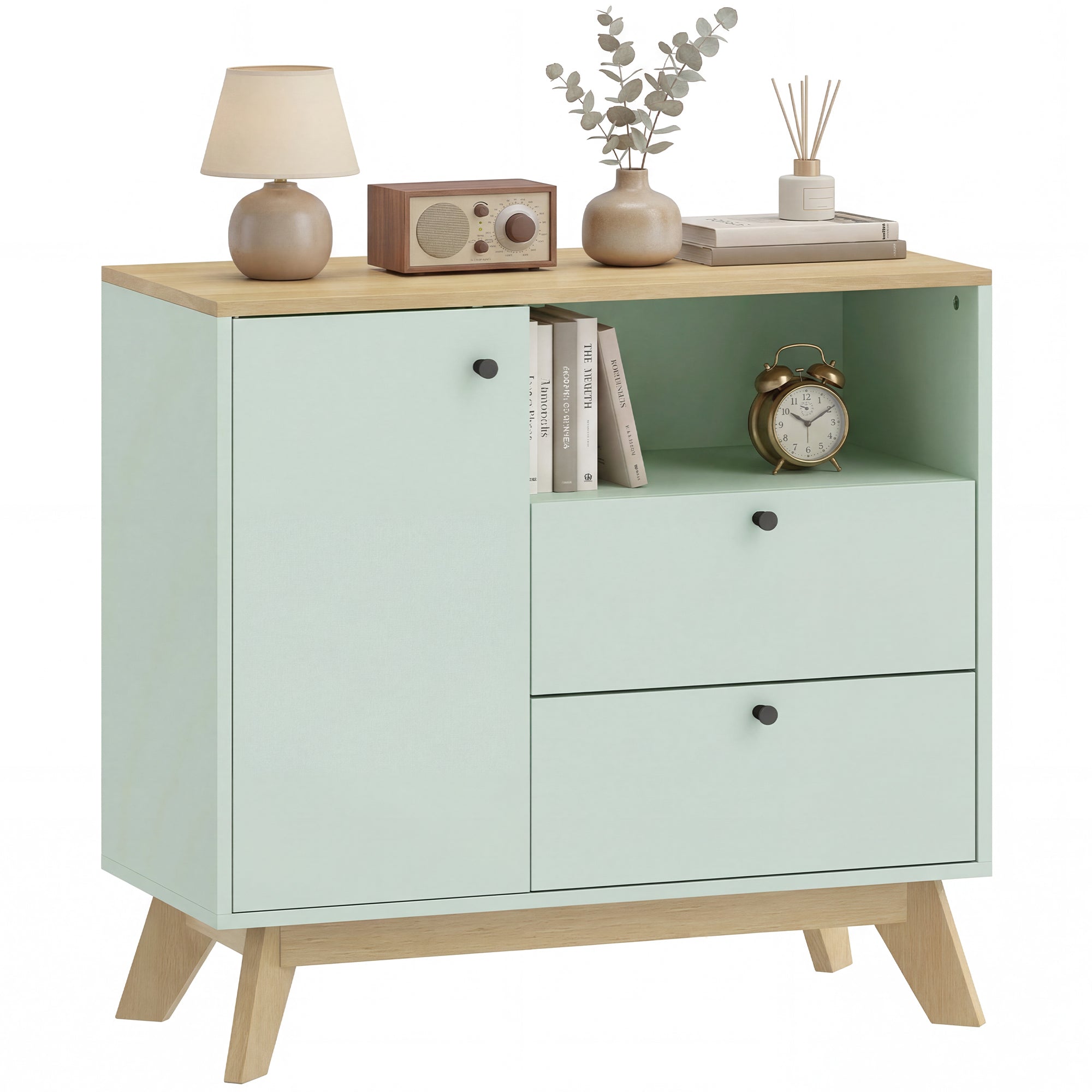 Sideboard Storage Cabinet, 80 cm Modern Buffet Cabinet with Door, 2 Drawers, Open Compartment and Adjustable Shelf for Living Room, Dining Room, Kitchen, Light Green and Oak
