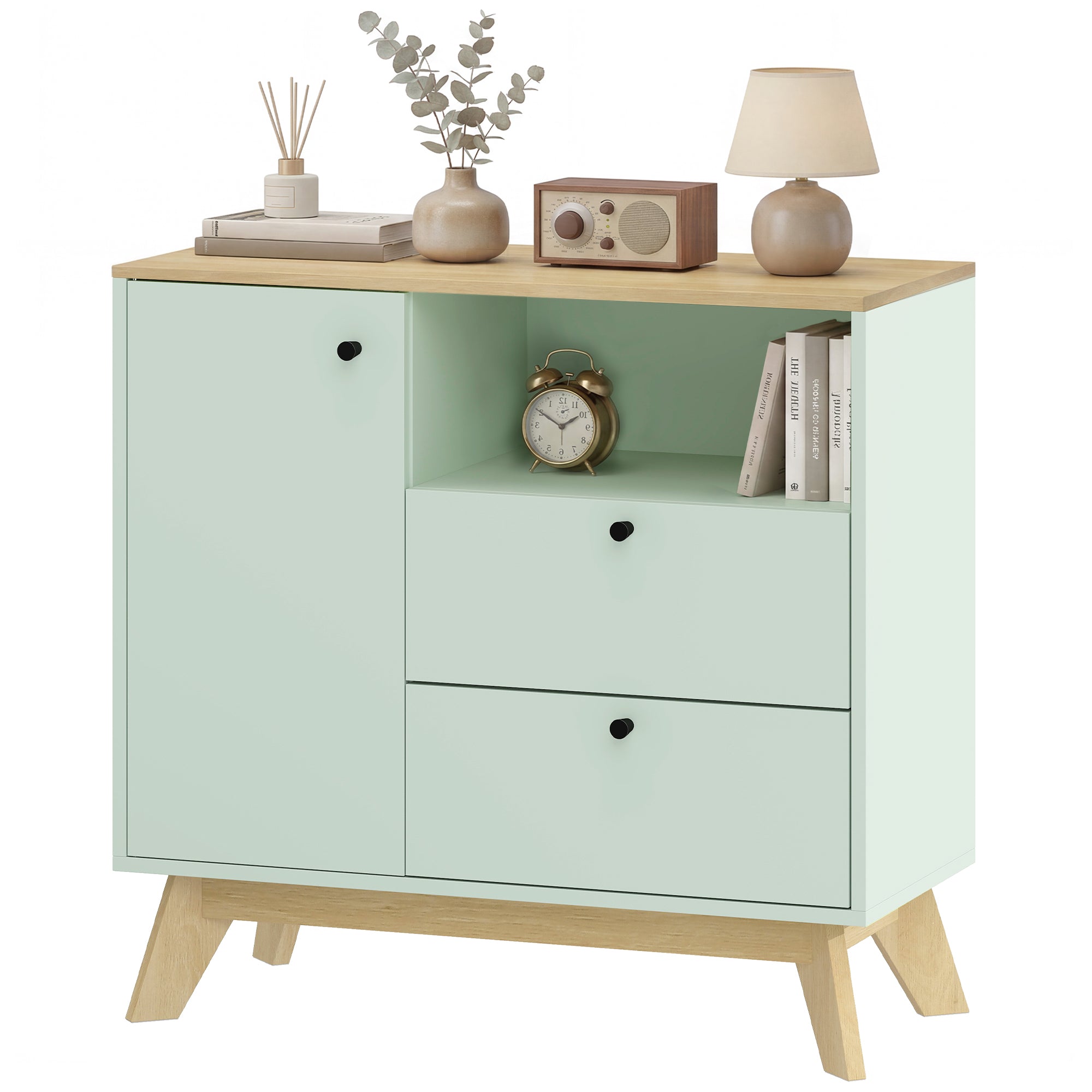 Sideboard Storage Cabinet, 80 cm Modern Buffet Cabinet with Door, 2 Drawers, Open Compartment and Adjustable Shelf for Living Room, Dining Room, Kitchen, Light Green and Oak