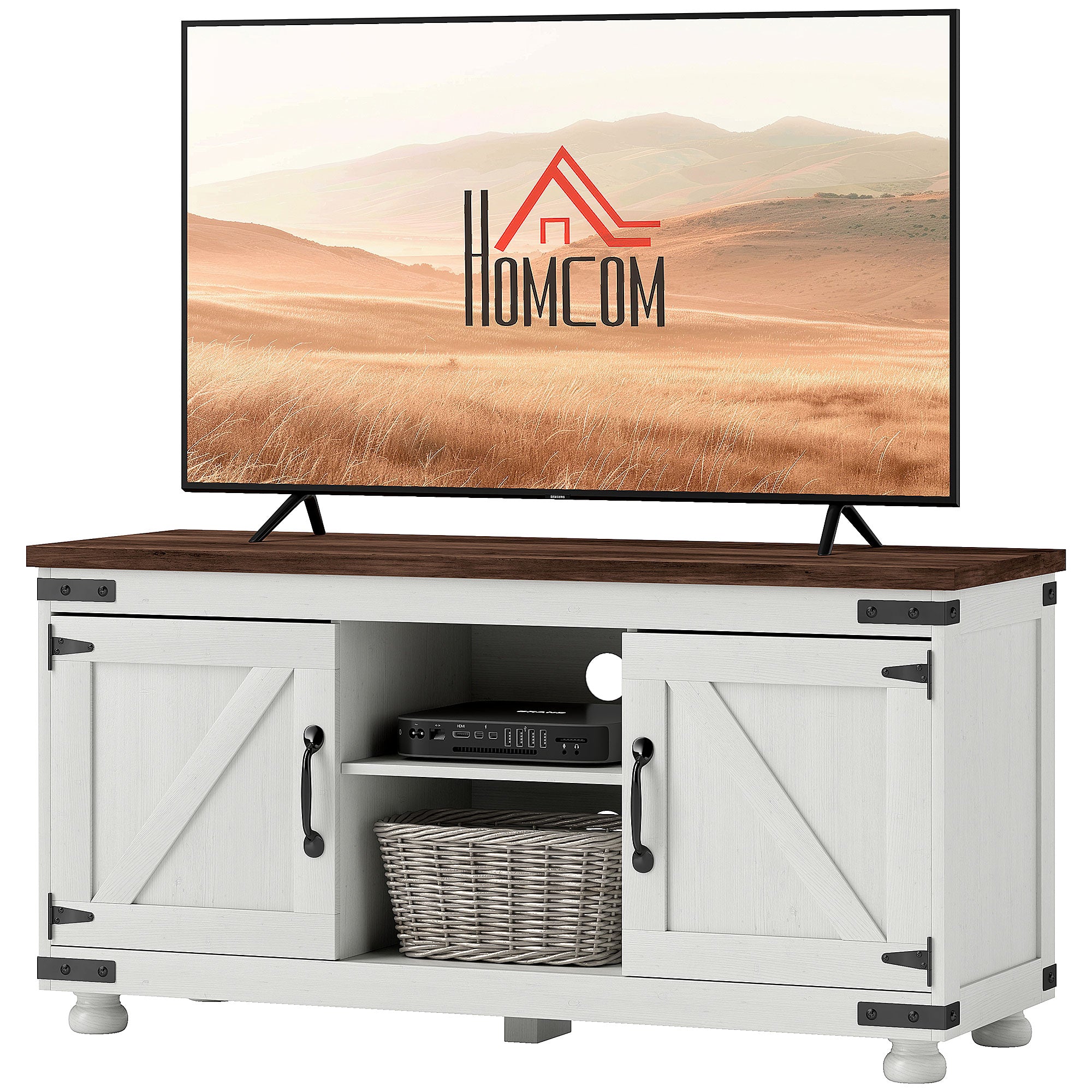 HOMCOM TV Stand for up to 50" TV, Modern Farmhouse Entertainment Center with 2 Cable Holes, TV Console Table with 2 Adjustable Shelves for Living Room, Distressed White