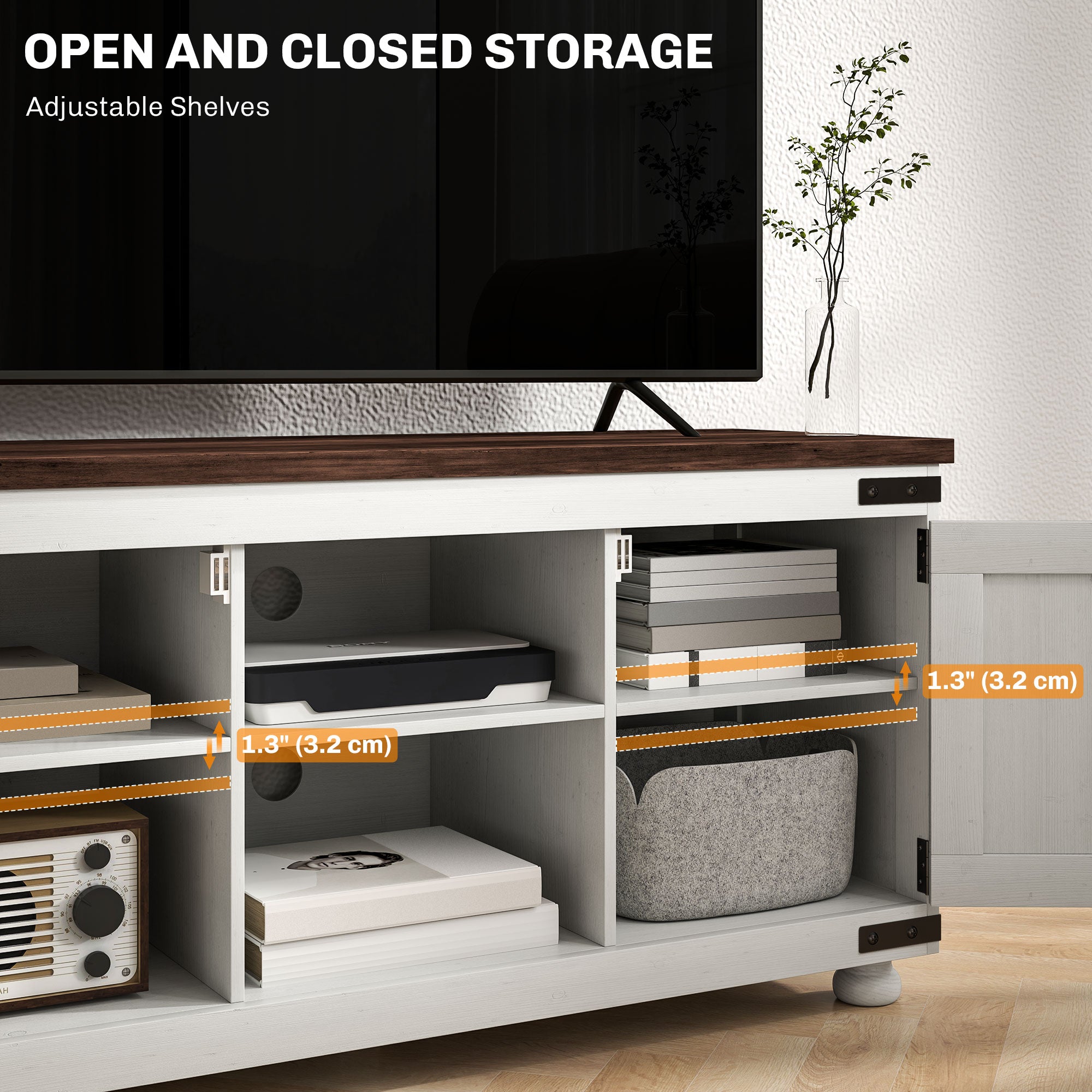HOMCOM TV Stand for up to 50" TV, Modern Farmhouse Entertainment Center with 2 Cable Holes, TV Console Table with 2 Adjustable Shelves for Living Room, Distressed White