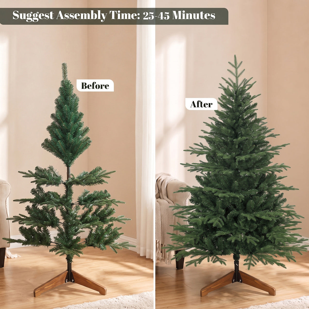 5ft Artificial Christmas Tree, Full Hinged Xmas Tree with 1524 PE & PVC Tips, Solid Pine Wood Stand for Home Office Holiday Decoration, Green