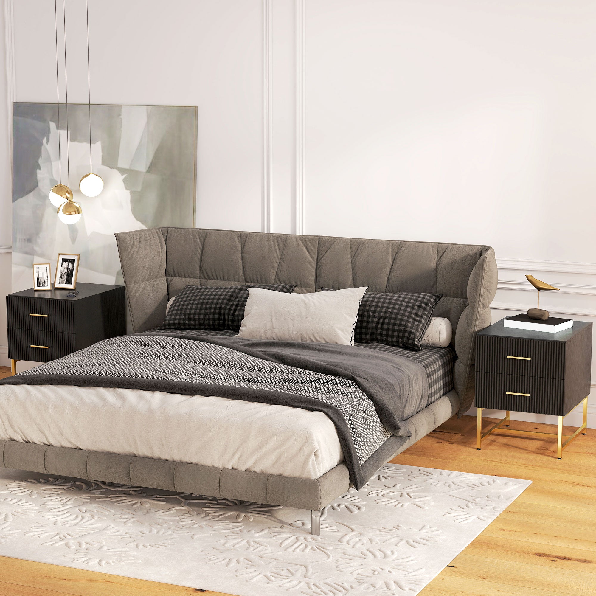 Modern Nightstands Set of 2, Bedside Tables with 2 Drawers and Fluted Panels, End Tables with Storage and Gold Legs for Bedroom, Black