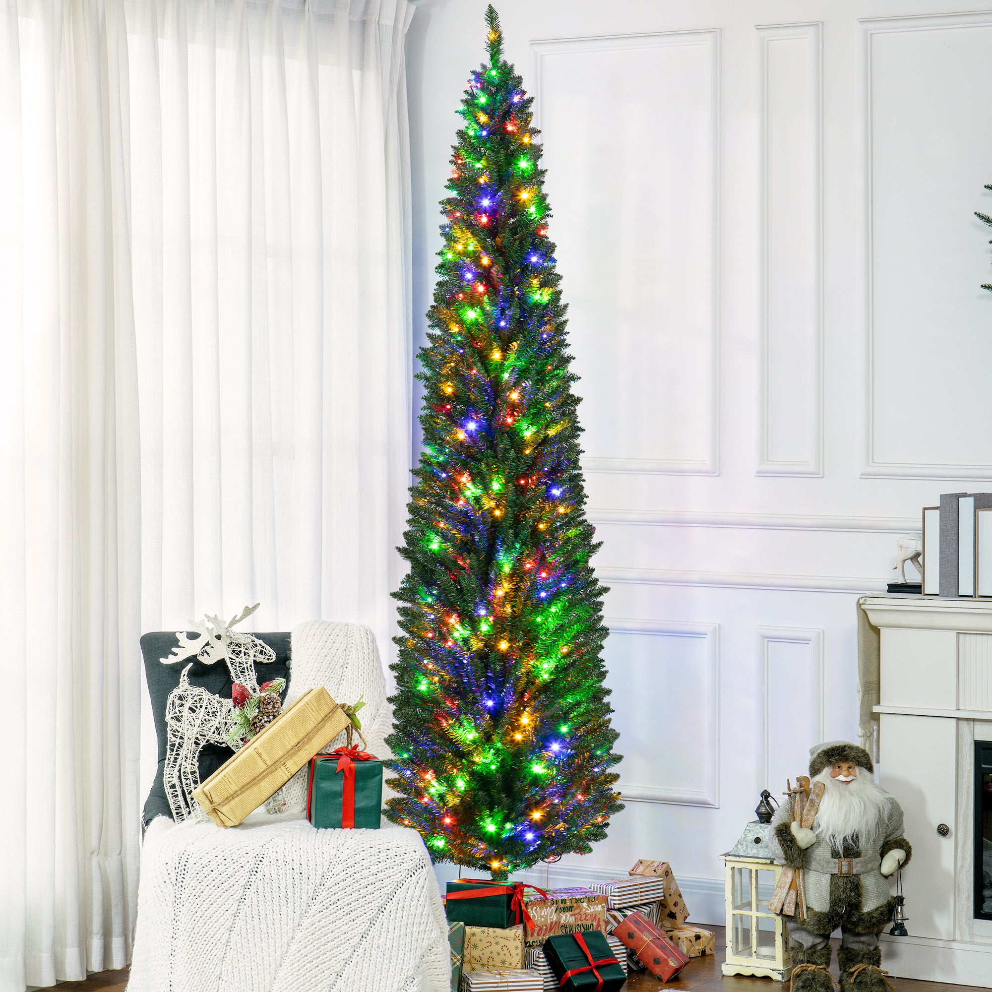 8ft Tall Pencil Prelit Artificial Christmas Tree Holiday Décor with 668 Branches, 250 Colorful LED Lights, Steel Base, Green