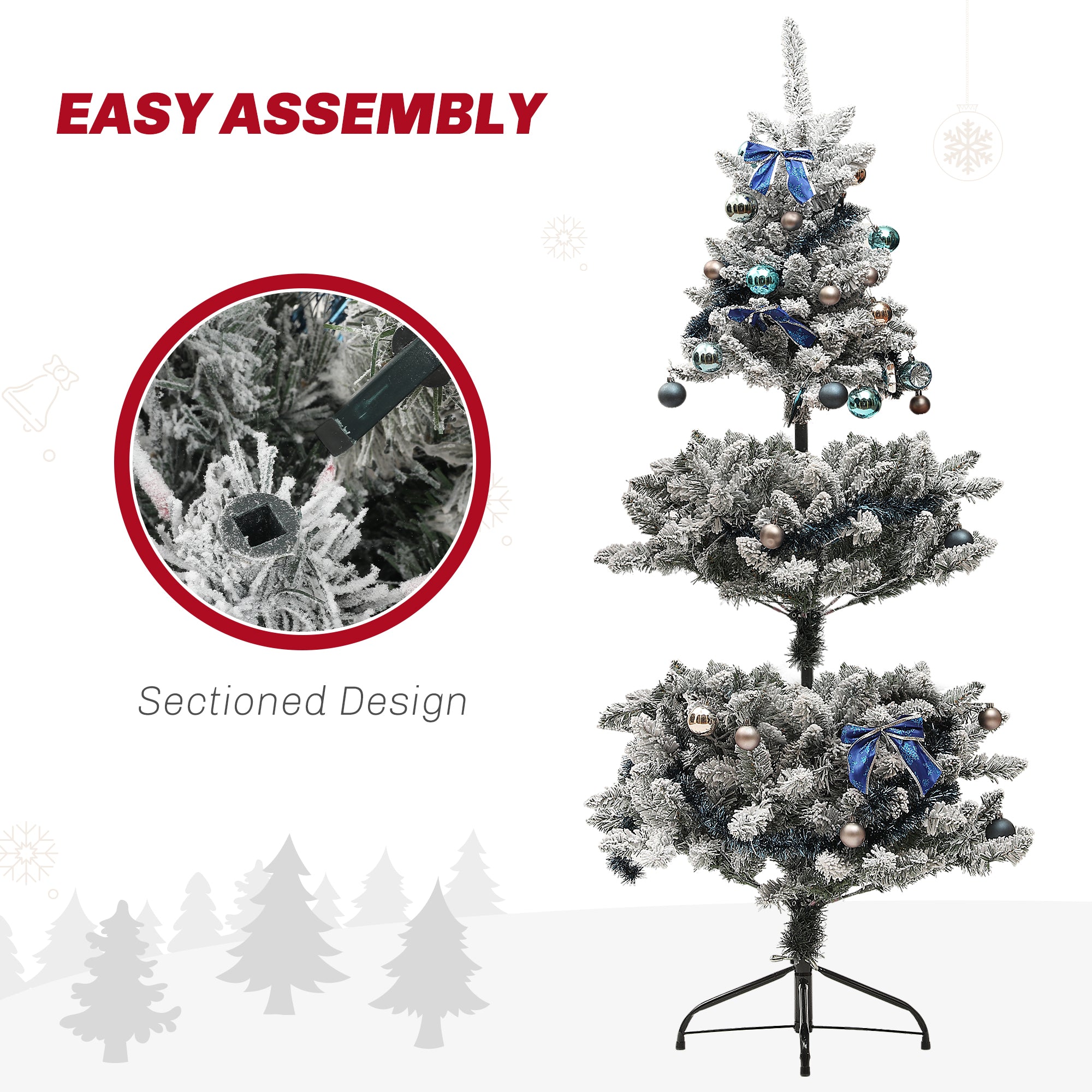 HOMCOM 5ft Artificial Prelit Christmas Tree with Warm White LED Lights and 472 Tips, Metal Stand, Xmas Tree with Blue Ornaments for Home Office Holiday